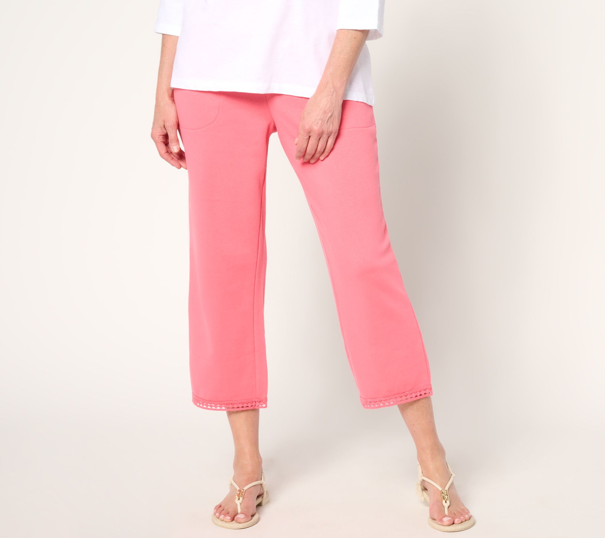 Denim & Co. Beach Petite Straight Leg Crop Pant with Lace Trim