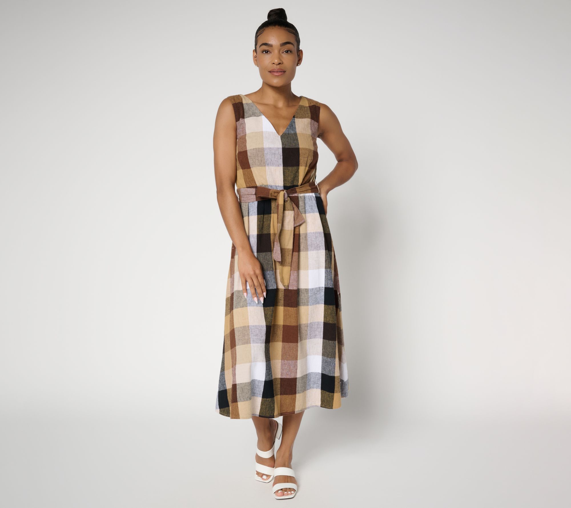 Isaac Mizrahi Live! Petite Madras Plaid Midi Dress with Self Belt