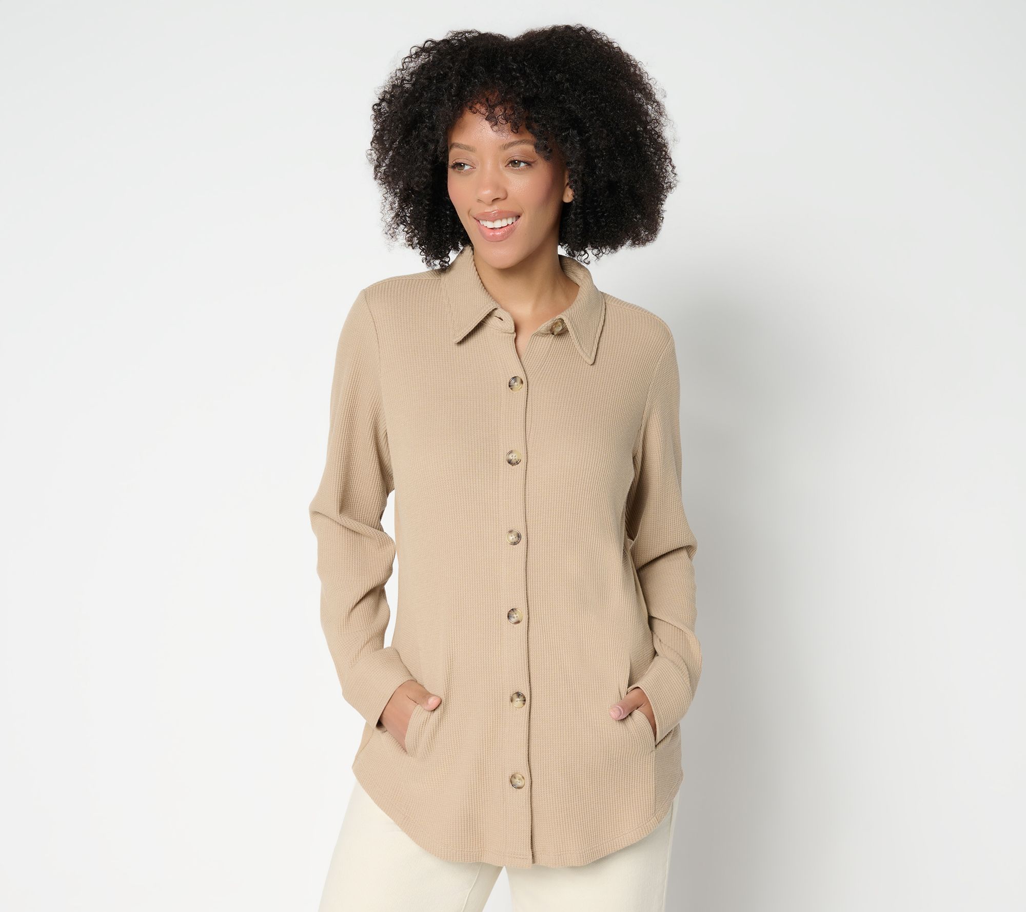 Belle by Kim Gravel Regular Waffle Knit & Jersey Button Front Top