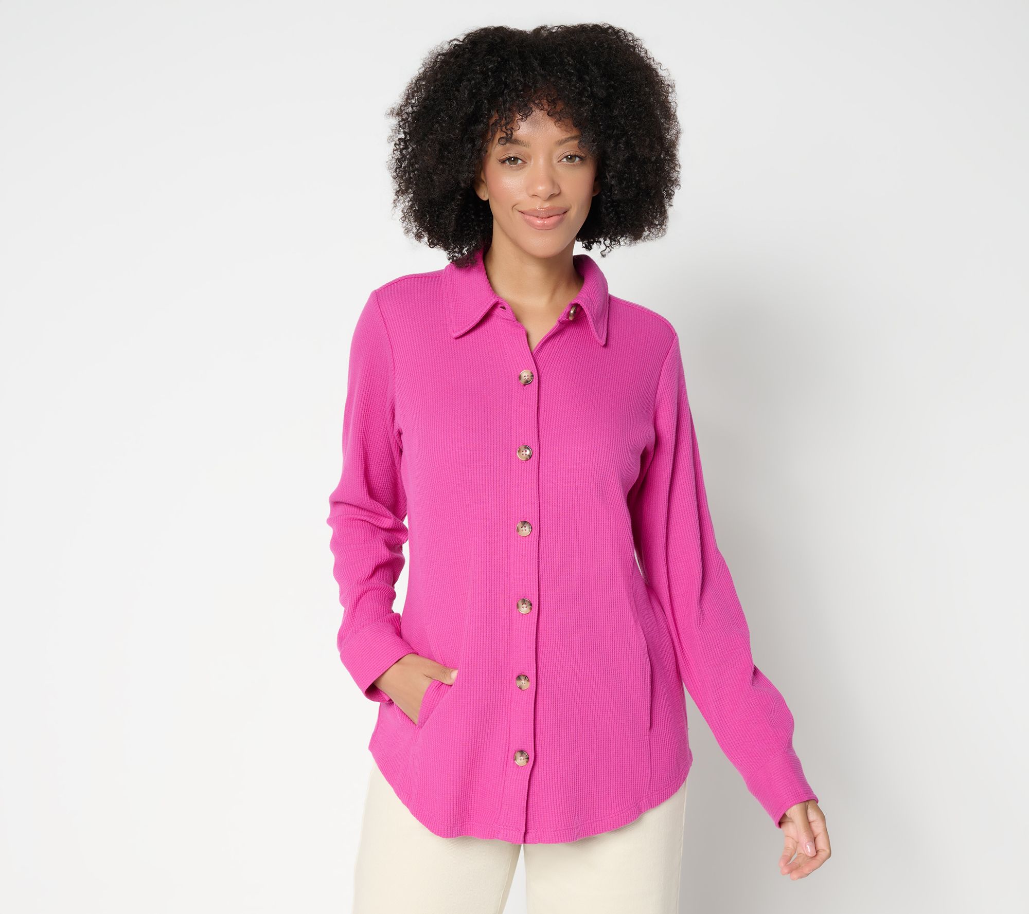 Belle by Kim Gravel Regular Waffle Knit & Jersey Button Front Top