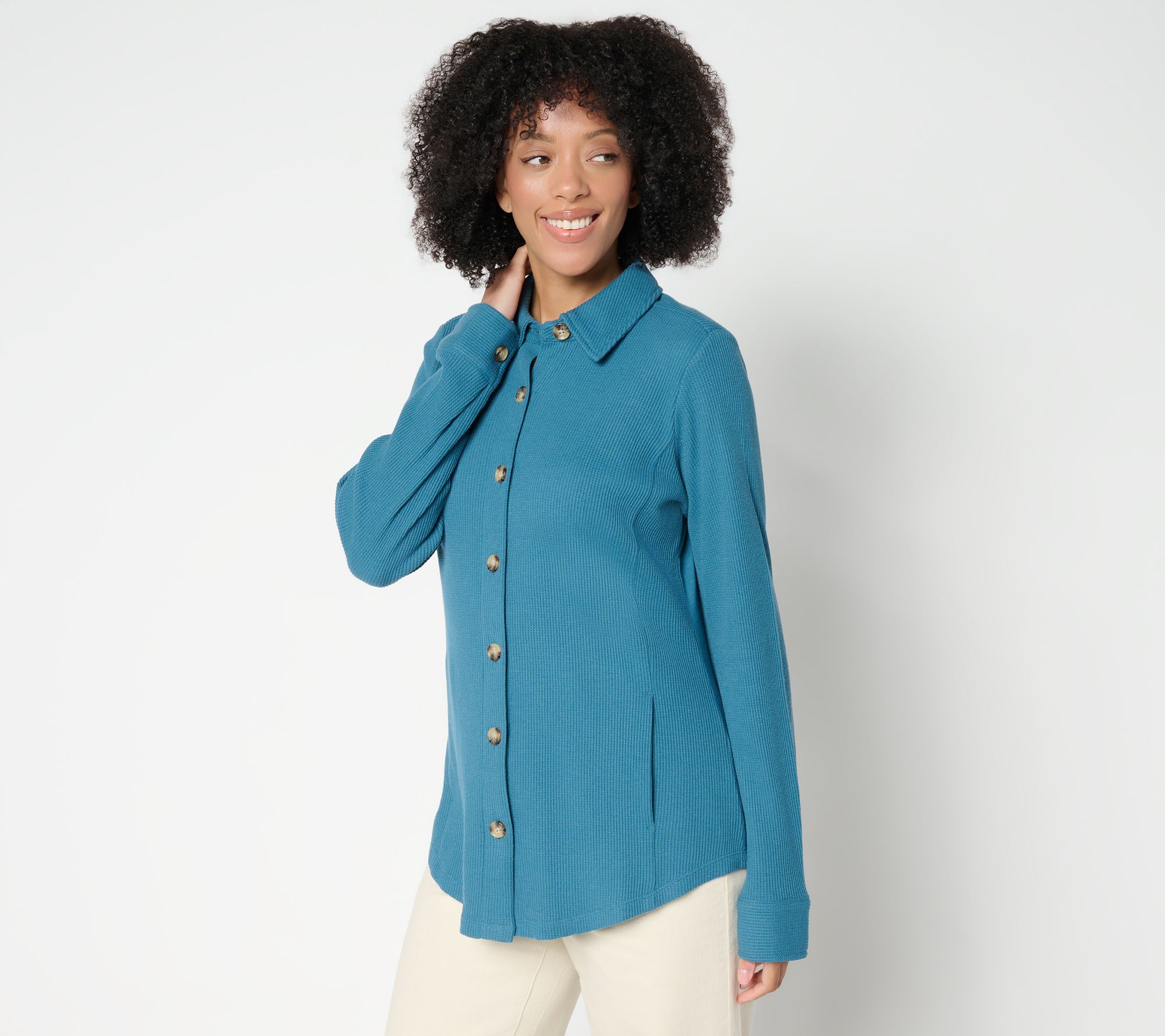 Belle by Kim Gravel Regular Waffle Knit & Jersey Button Front Top