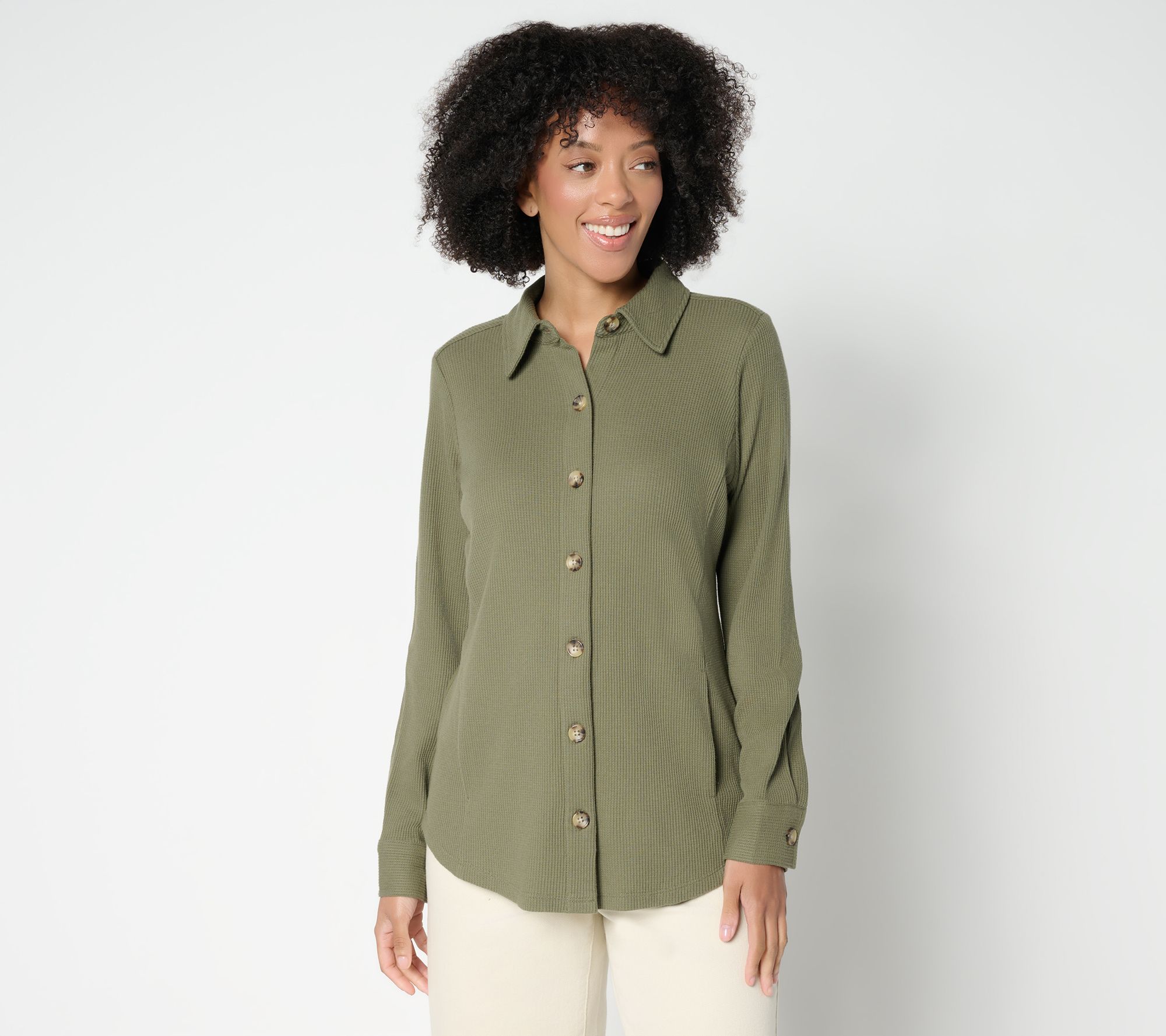 Belle by Kim Gravel Regular Waffle Knit & Jersey Button Front Top