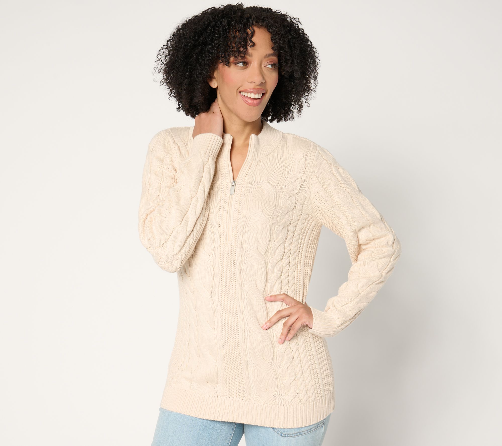 "As Is" Denim & Co. Half Zip Cable Knit Long Sleeve Sweater