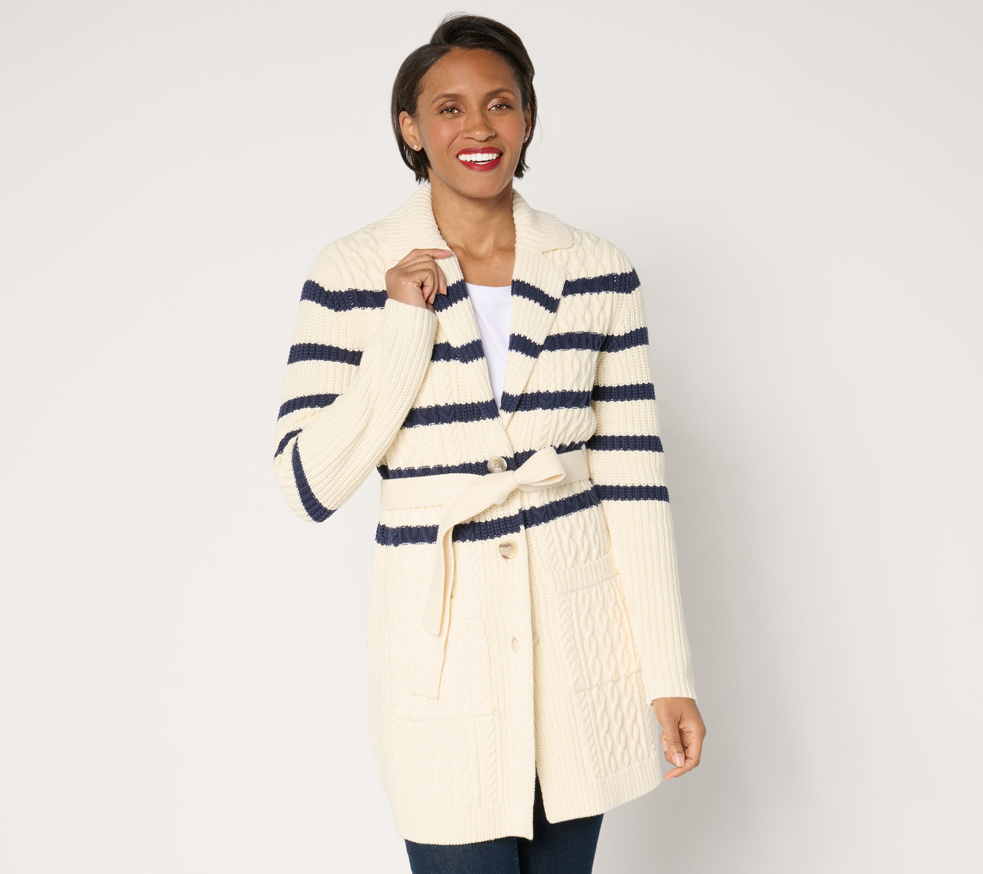 "As Is" Isaac Mizrahi Live! Petite Cable Knit Duster Sweater w/ Belt