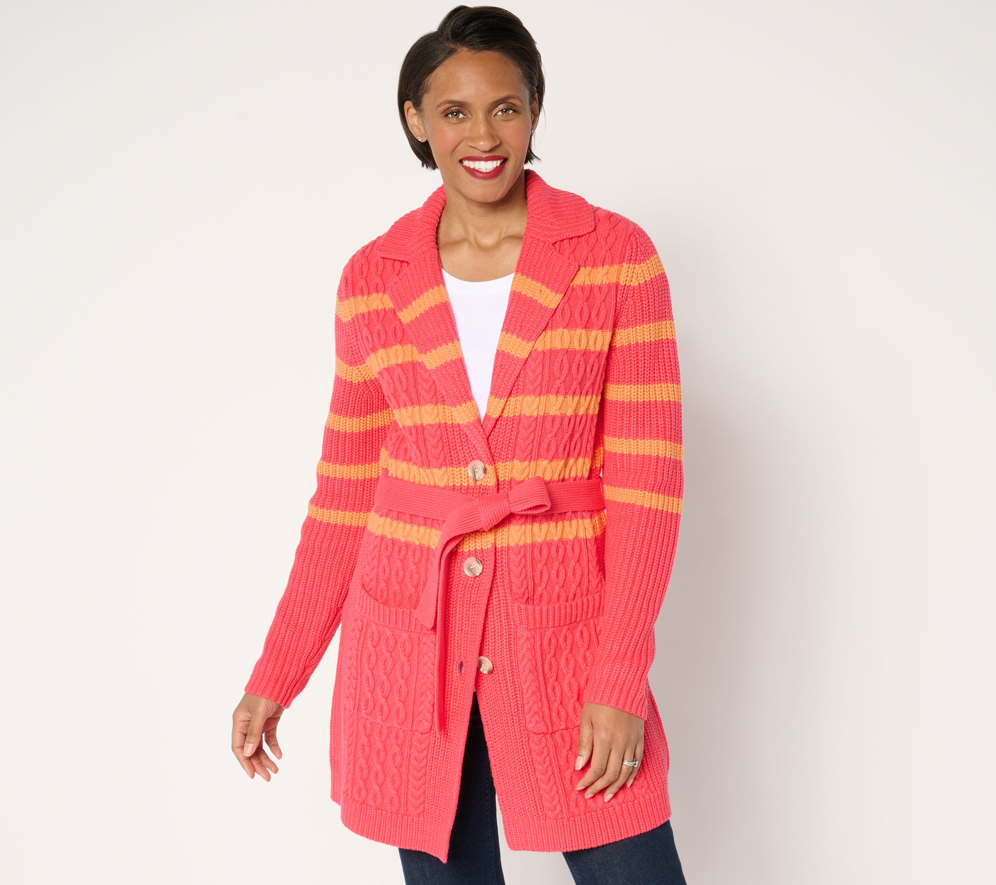 "As Is" Isaac Mizrahi Live! Petite Cable Knit Duster Sweater w/ Belt
