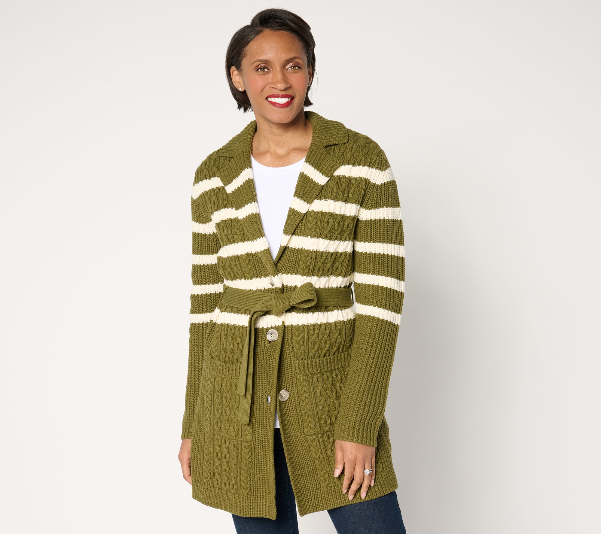 "As Is" Isaac Mizrahi Live! Petite Cable Knit Duster Sweater w/ Belt