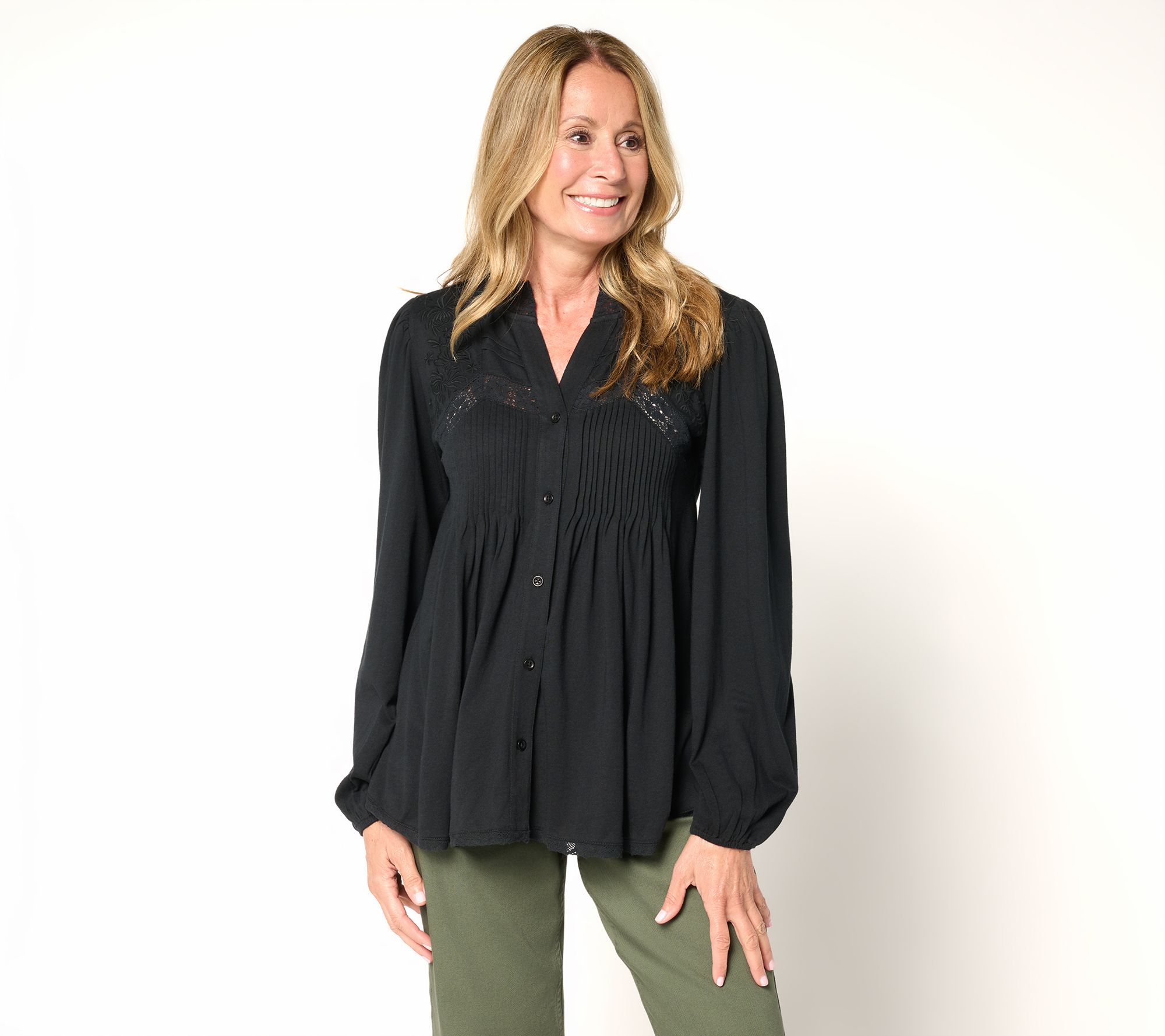 LOGO Lavish by Lori Goldstein Knit Button Front Blouse