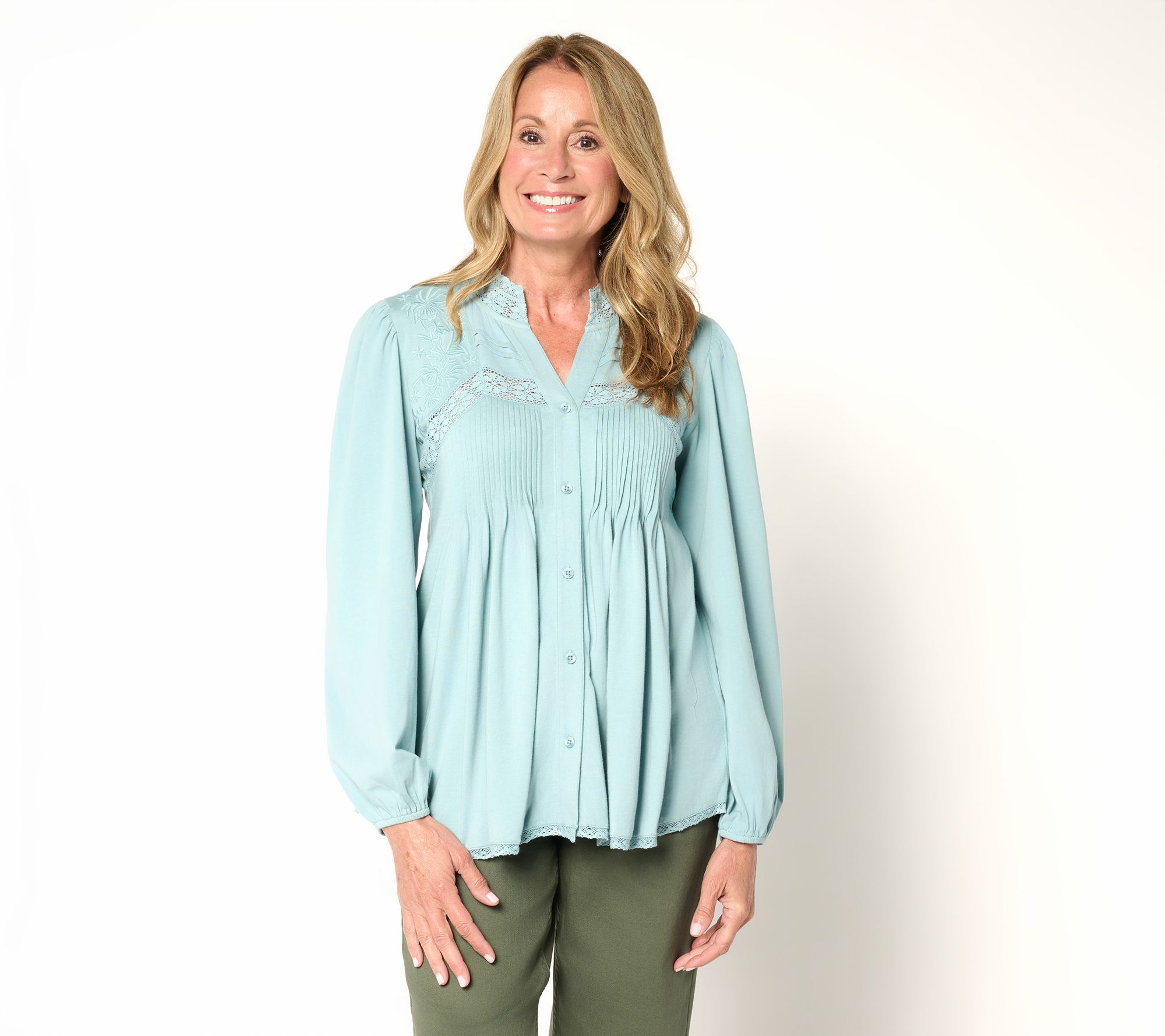 LOGO Lavish by Lori Goldstein Knit Button Front Blouse