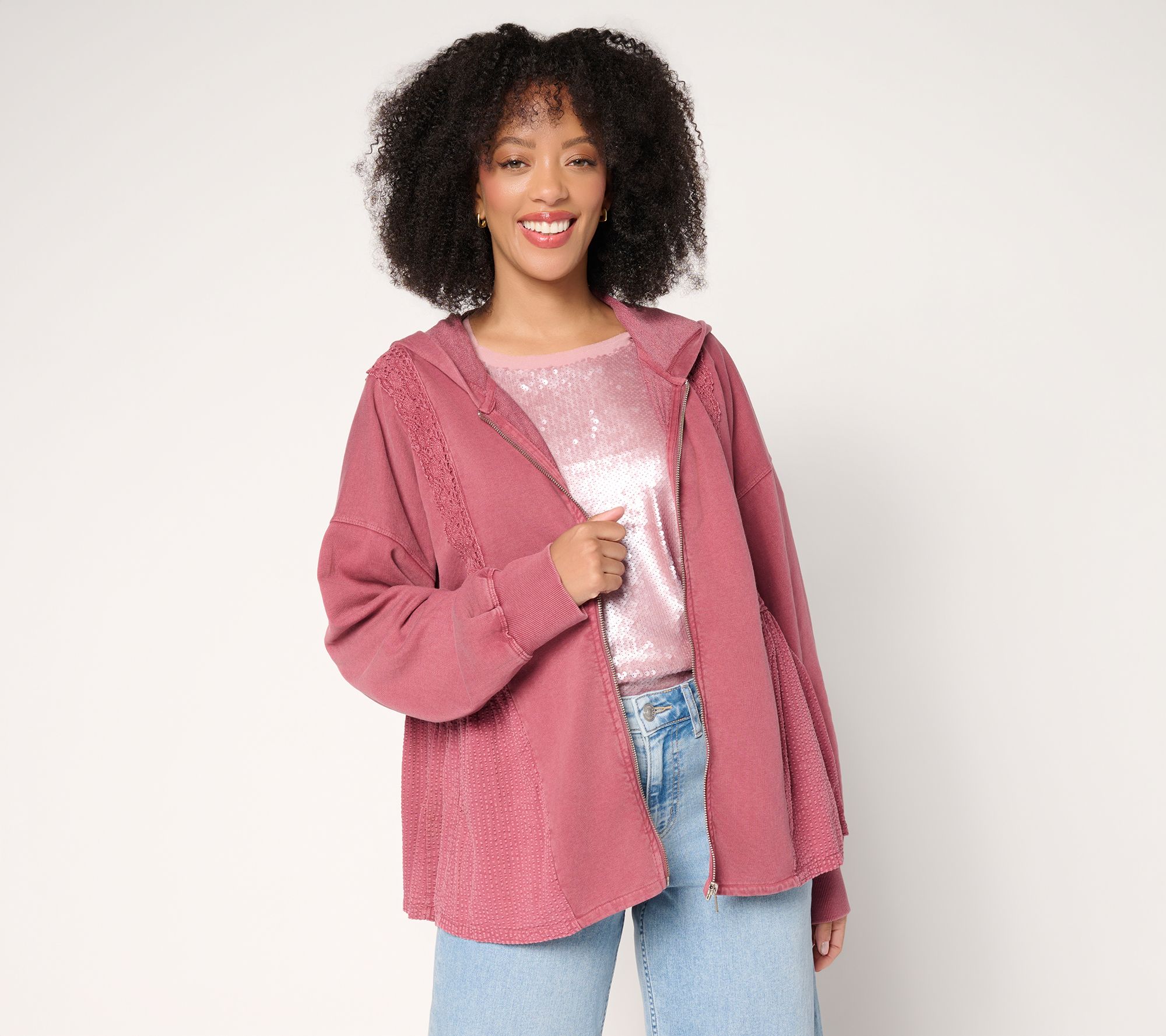 LOGO Lavish by Lori Goldstein Zip Front Lace Trim Knit Jacket