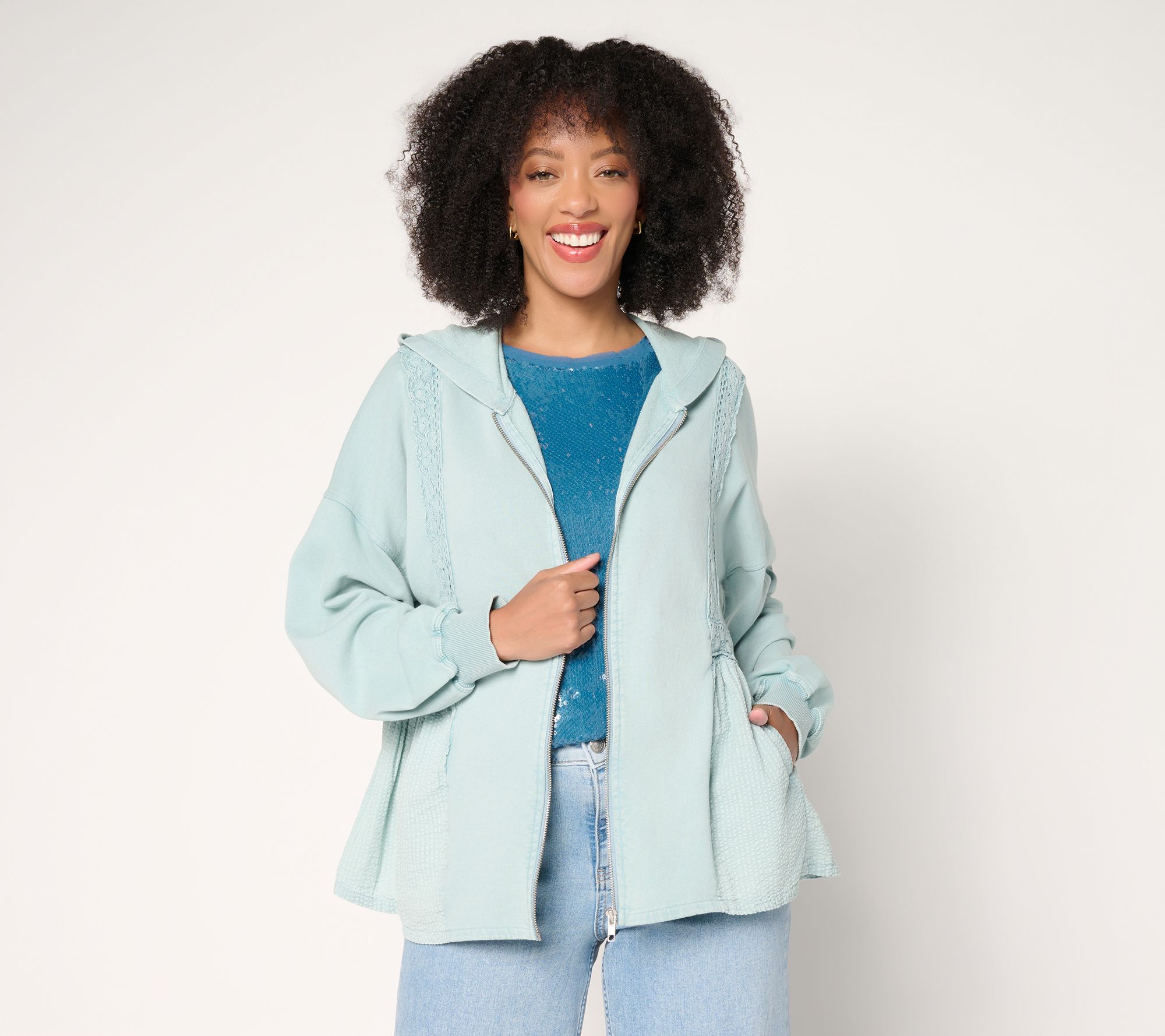 LOGO Lavish by Lori Goldstein Zip Front Lace Trim Knit Jacket