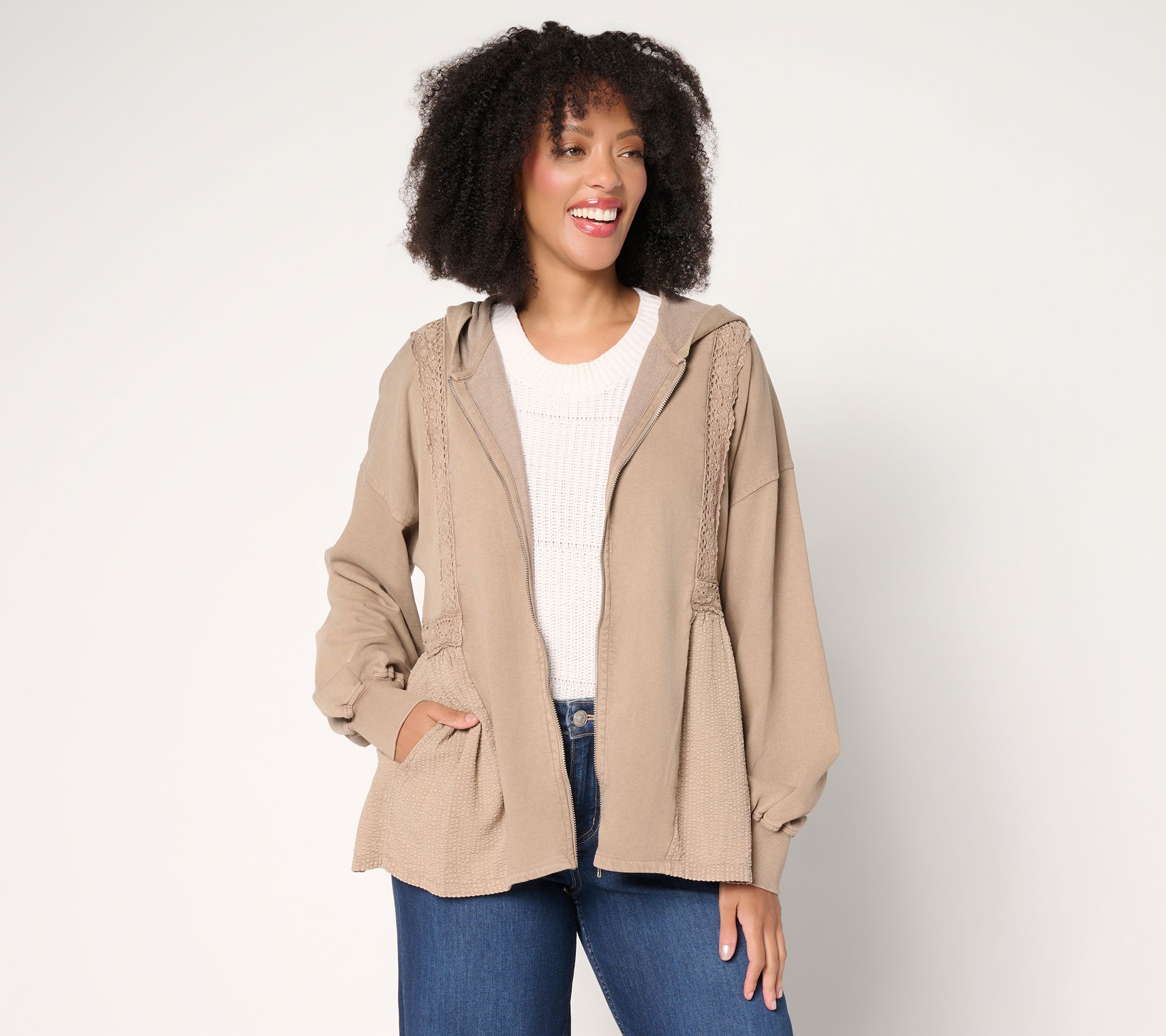 LOGO Lavish by Lori Goldstein Zip Front Lace Trim Knit Jacket