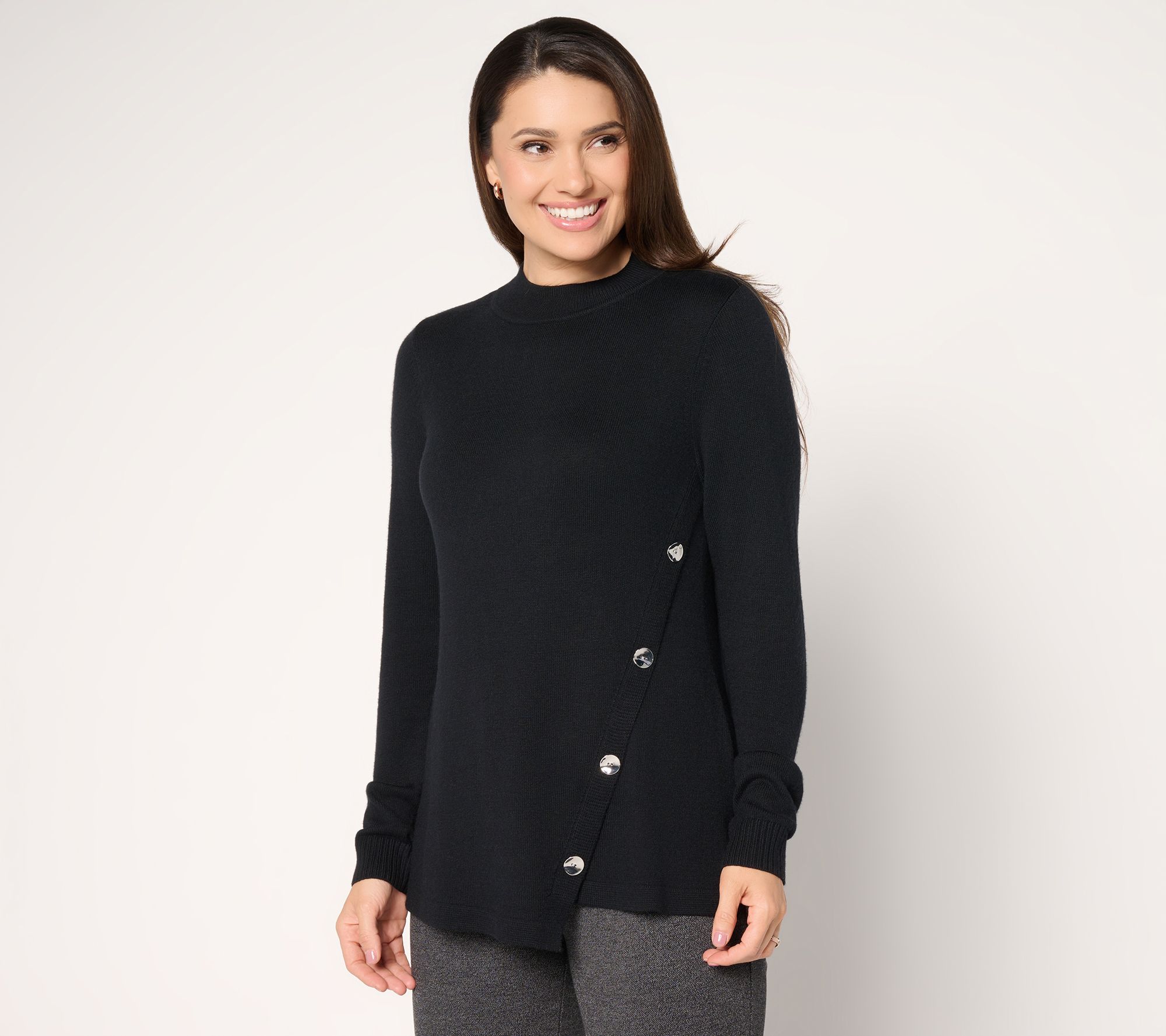 Susan Graver Super Soft Mock Neck Sweater with Button Detail