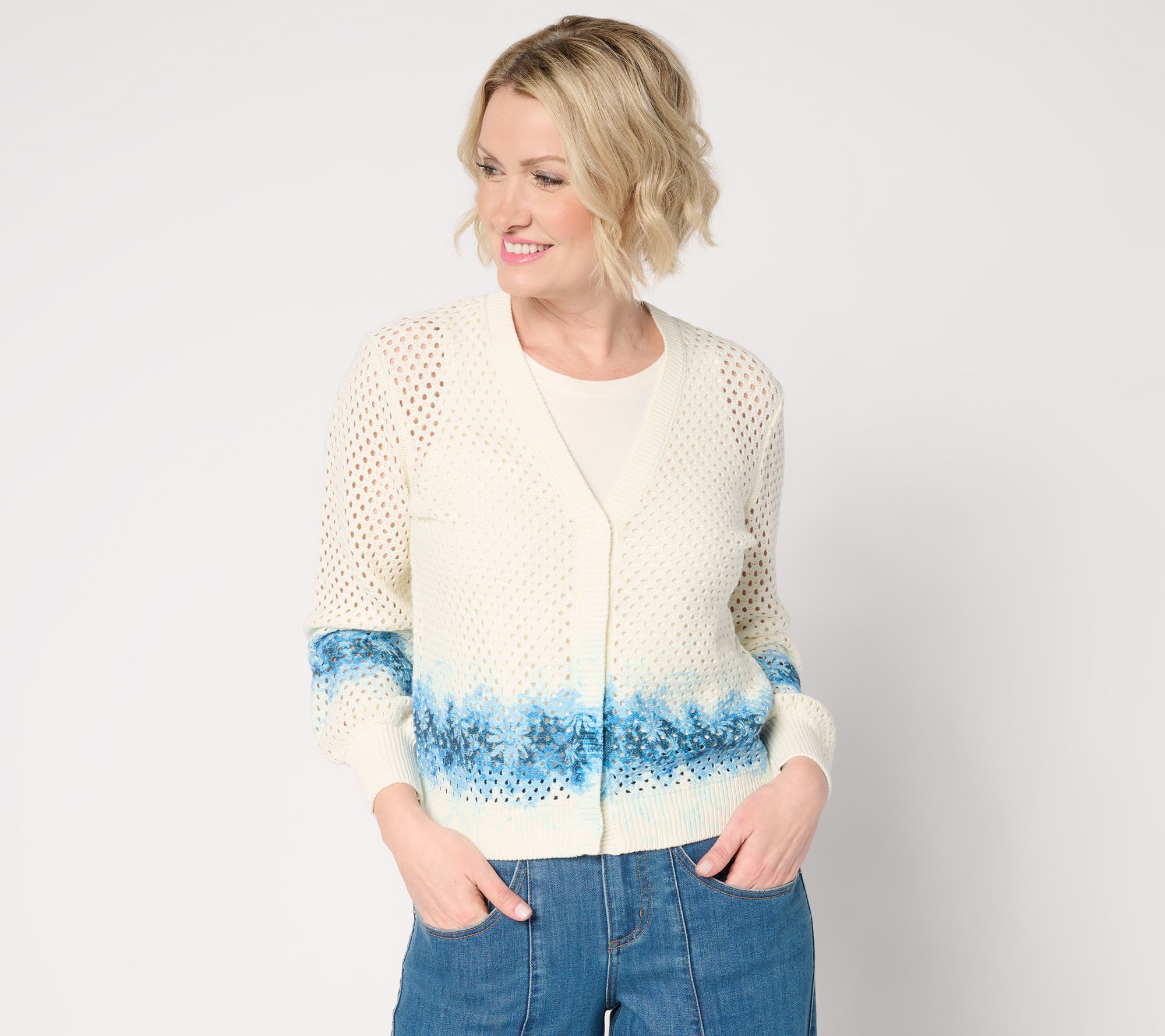 "As Is" Peace Love World Love Unites Us Cotton Open Stitch Cardigan