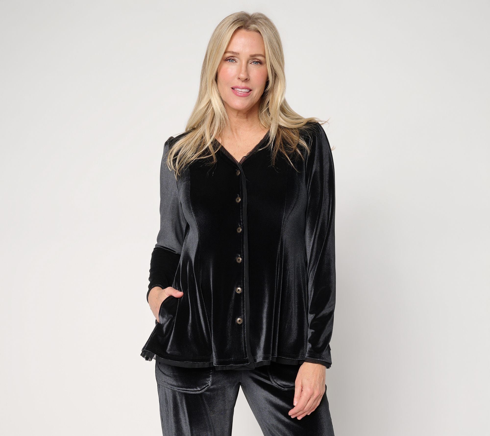 LOGO Lavish by Lori Goldstein Button Front Knit Velvet Top