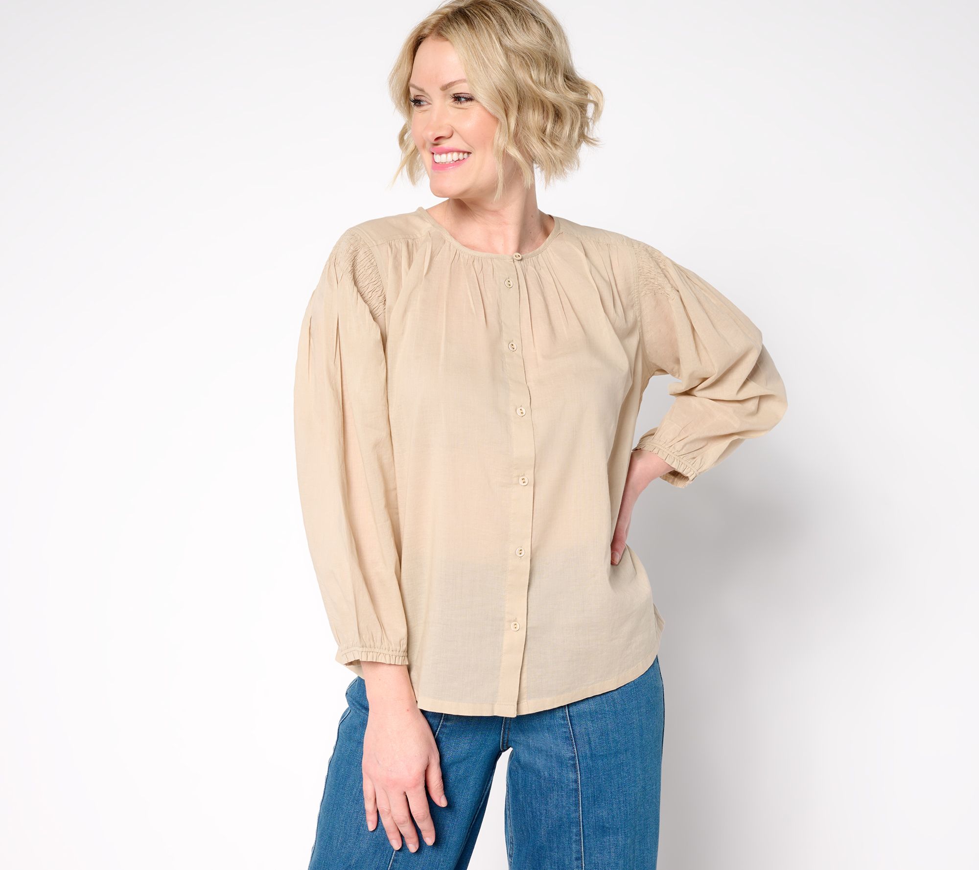 "As Is" LOGO by Lori Goldstein 100% Cotton Button Front Shirred Blouse