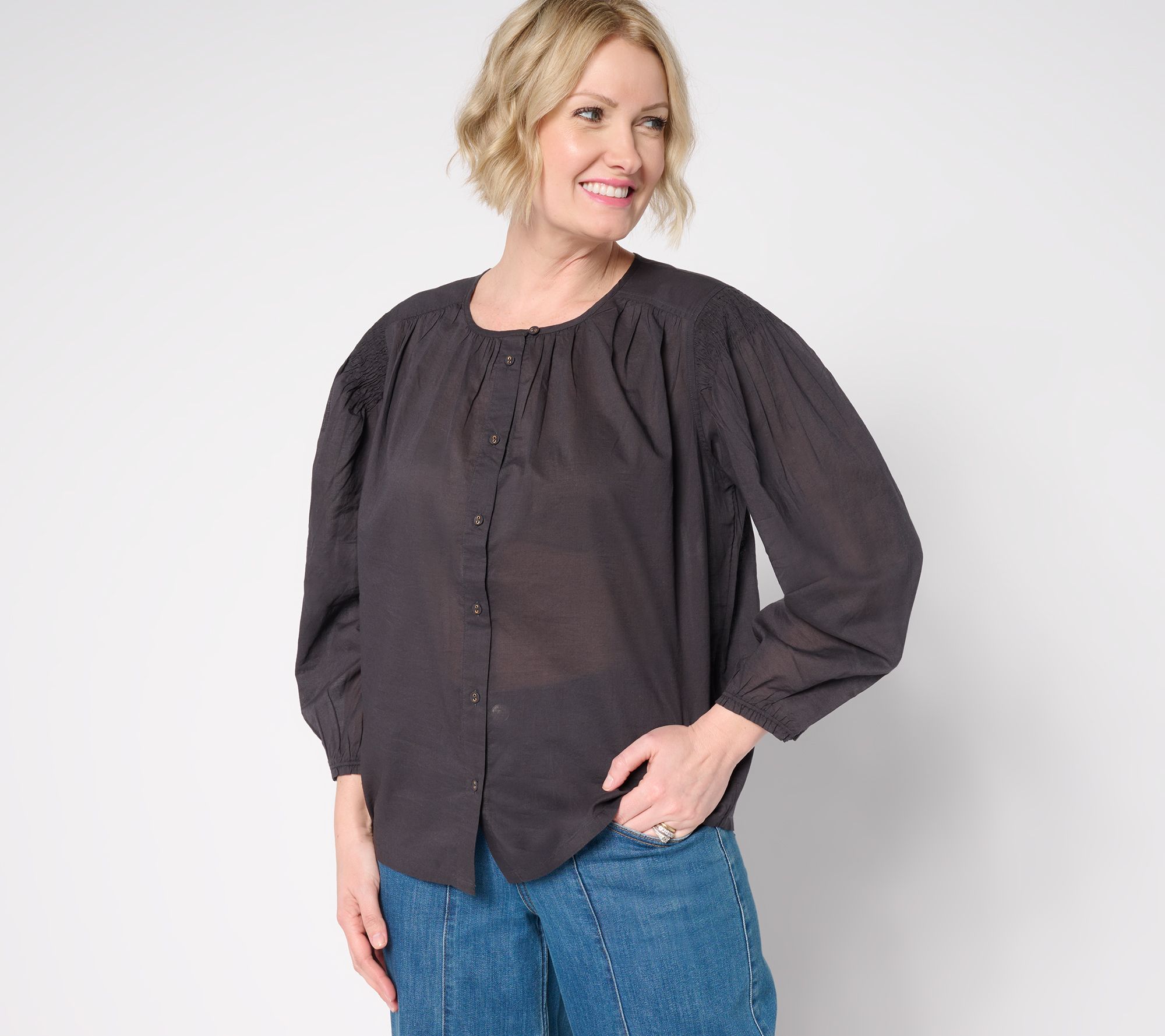 "As Is" LOGO by Lori Goldstein 100% Cotton Button Front Shirred Blouse