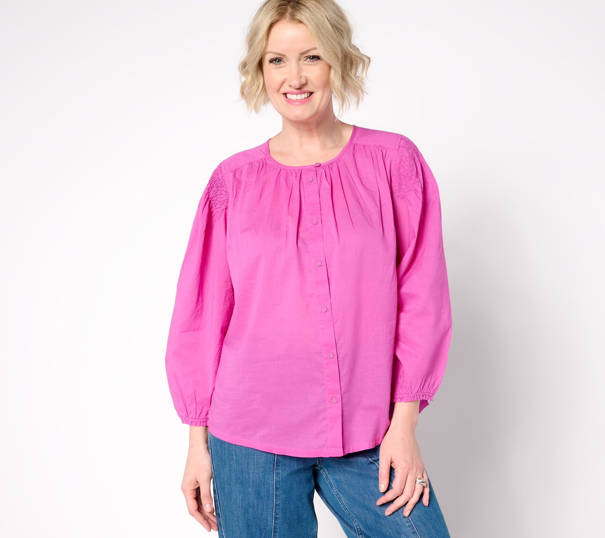 "As Is" LOGO by Lori Goldstein 100% Cotton Button Front Shirred Blouse