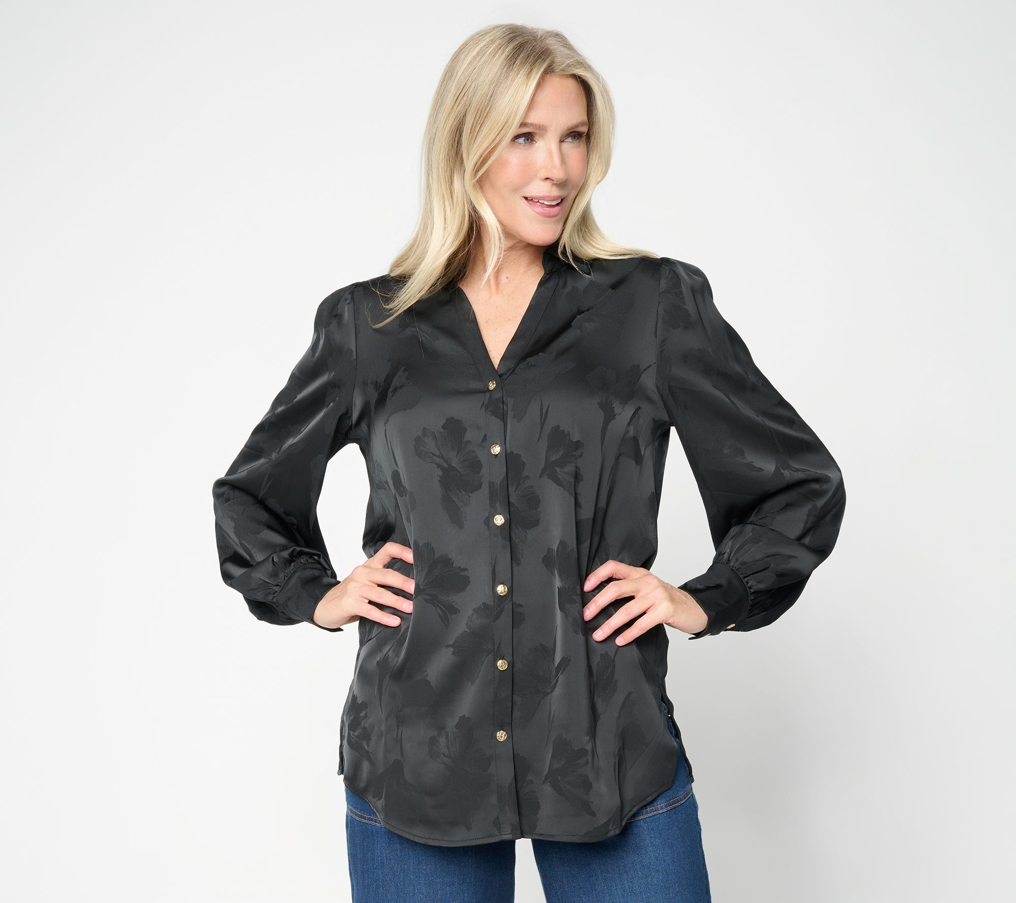 Dennis Basso Regular Jacquard Button Front Tunic w/ Y-Neck