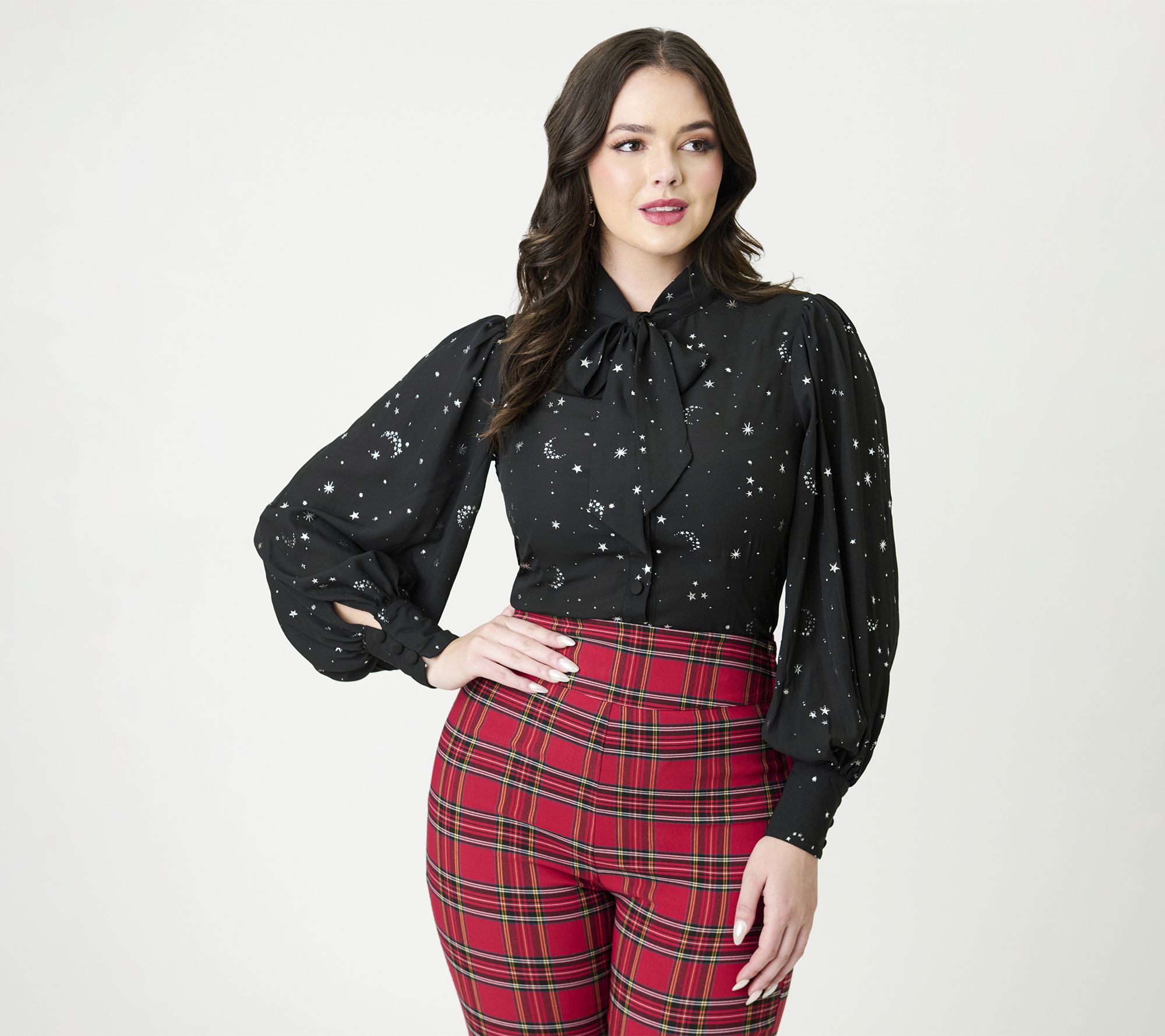 Unique Vintage Black Moon & Star Silver Foil Print Gwen Blouse