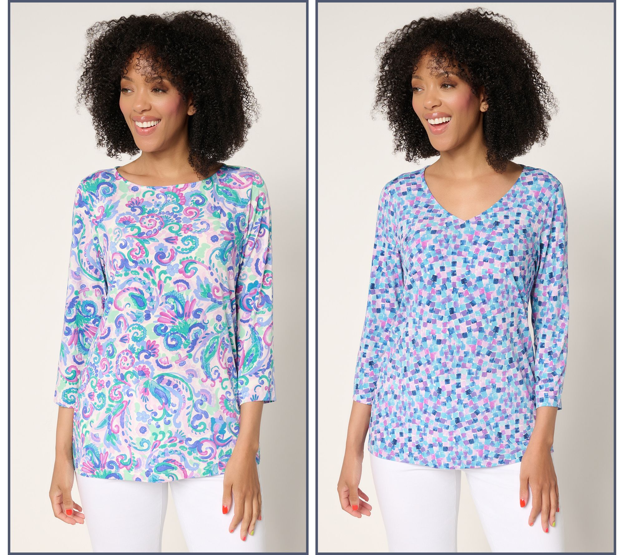 "As Is" Susan Graver Petite Printed Liquid Knit Set of (2) 3/4 Sleeve Tops