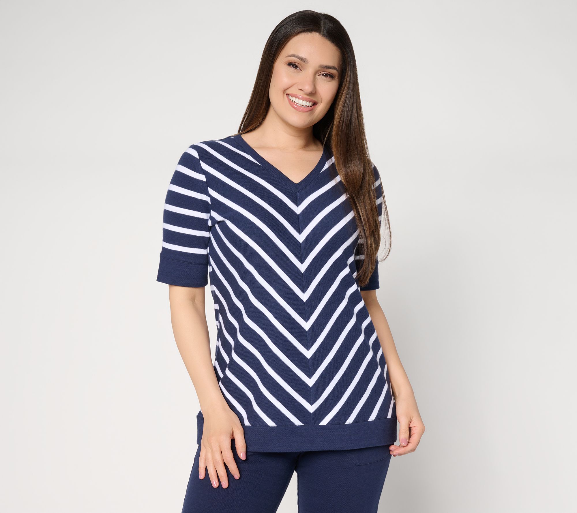 Denim & Co. Active Striped Textured Cotton V-Neck Top