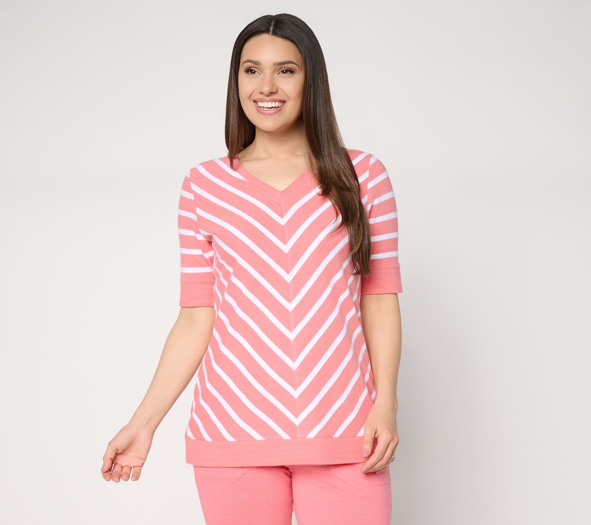 Denim & Co. Active Striped Textured Cotton V-Neck Top