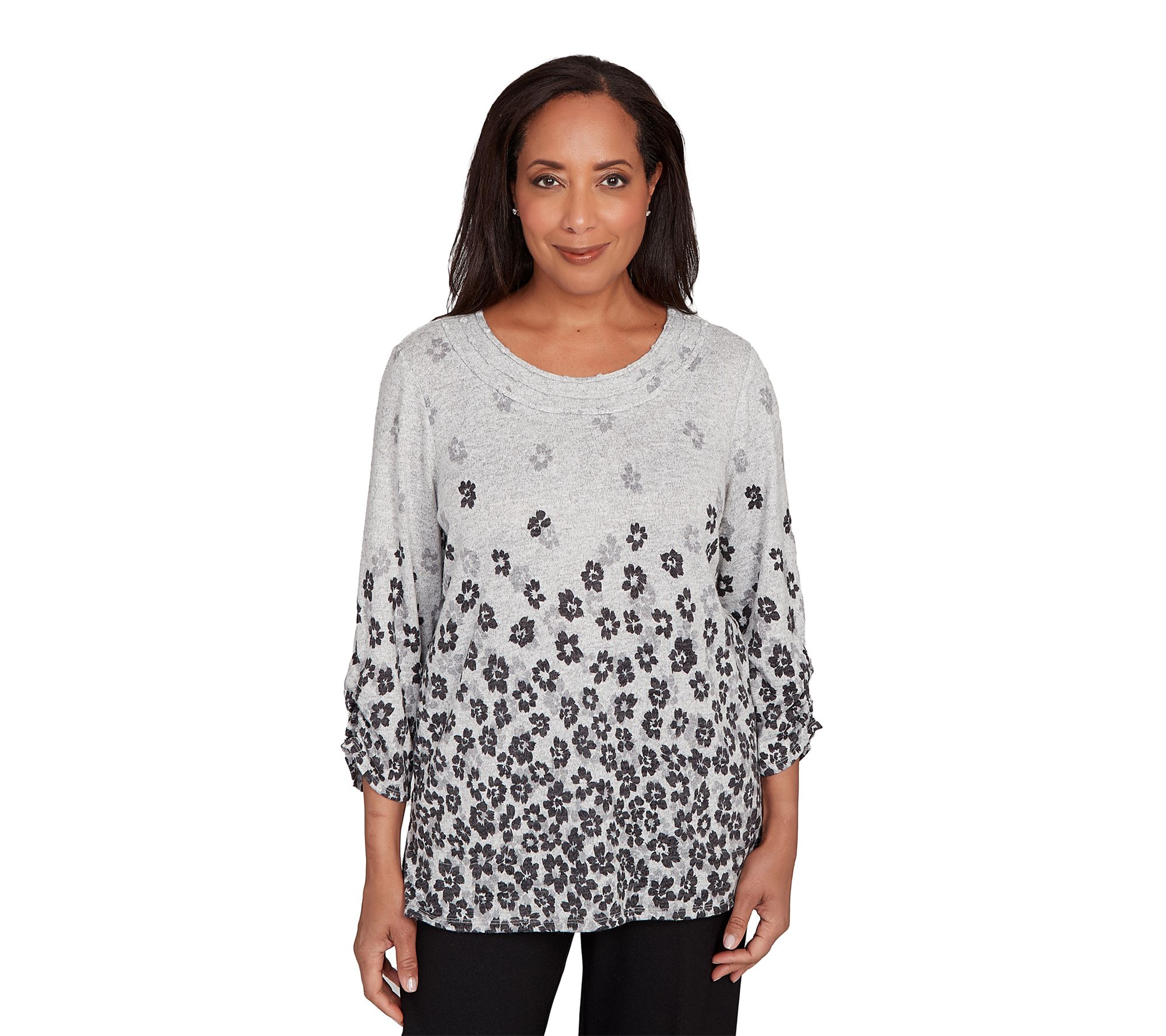 Alfred Dunner Petite Floral Border Gathered Sleeve Top