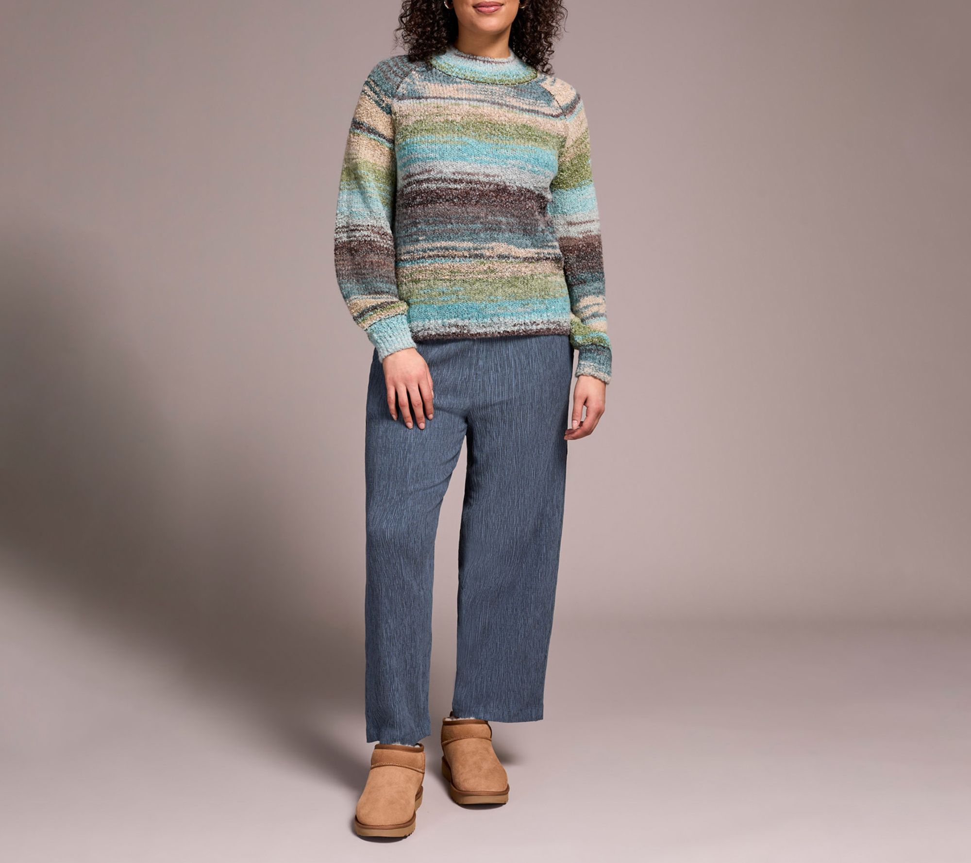 Tribal Boucle Yarn Mock Neck Puff Sleeve Sweater