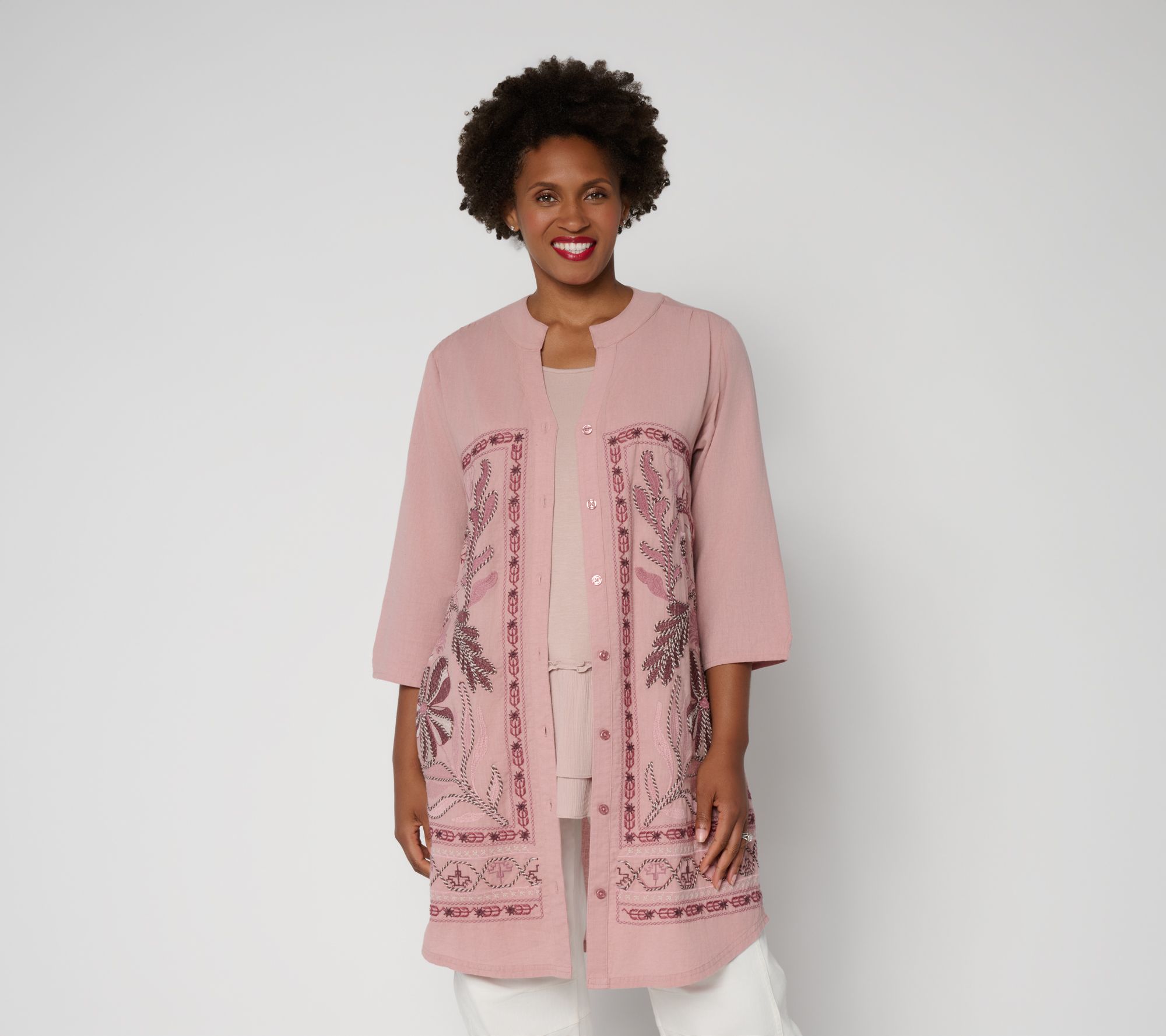 LOGO Lavish by Lori Goldstein Reg 3/4 Sleeve Embroidered Duster