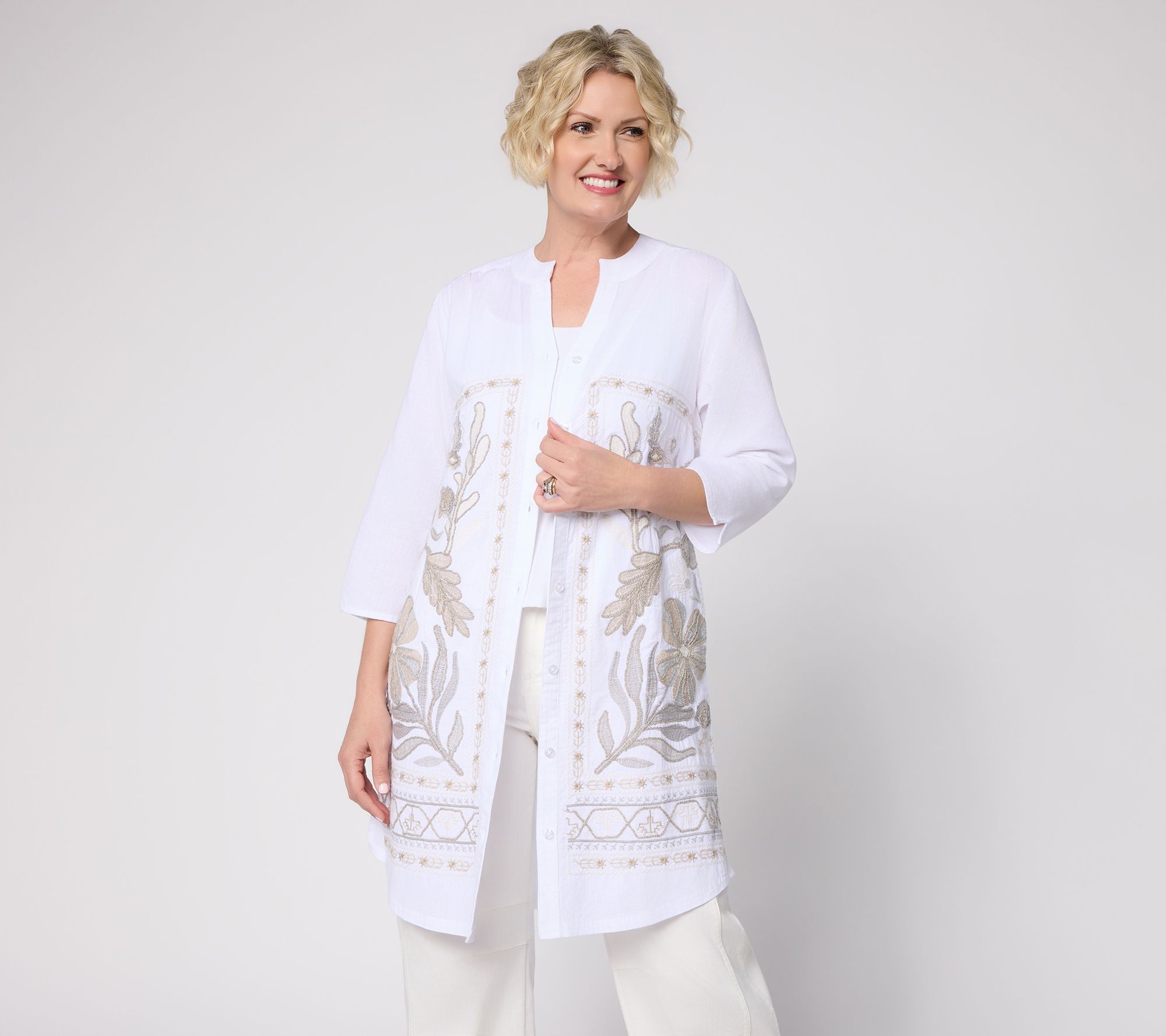 LOGO Lavish by Lori Goldstein Reg 3/4 Sleeve Embroidered Duster