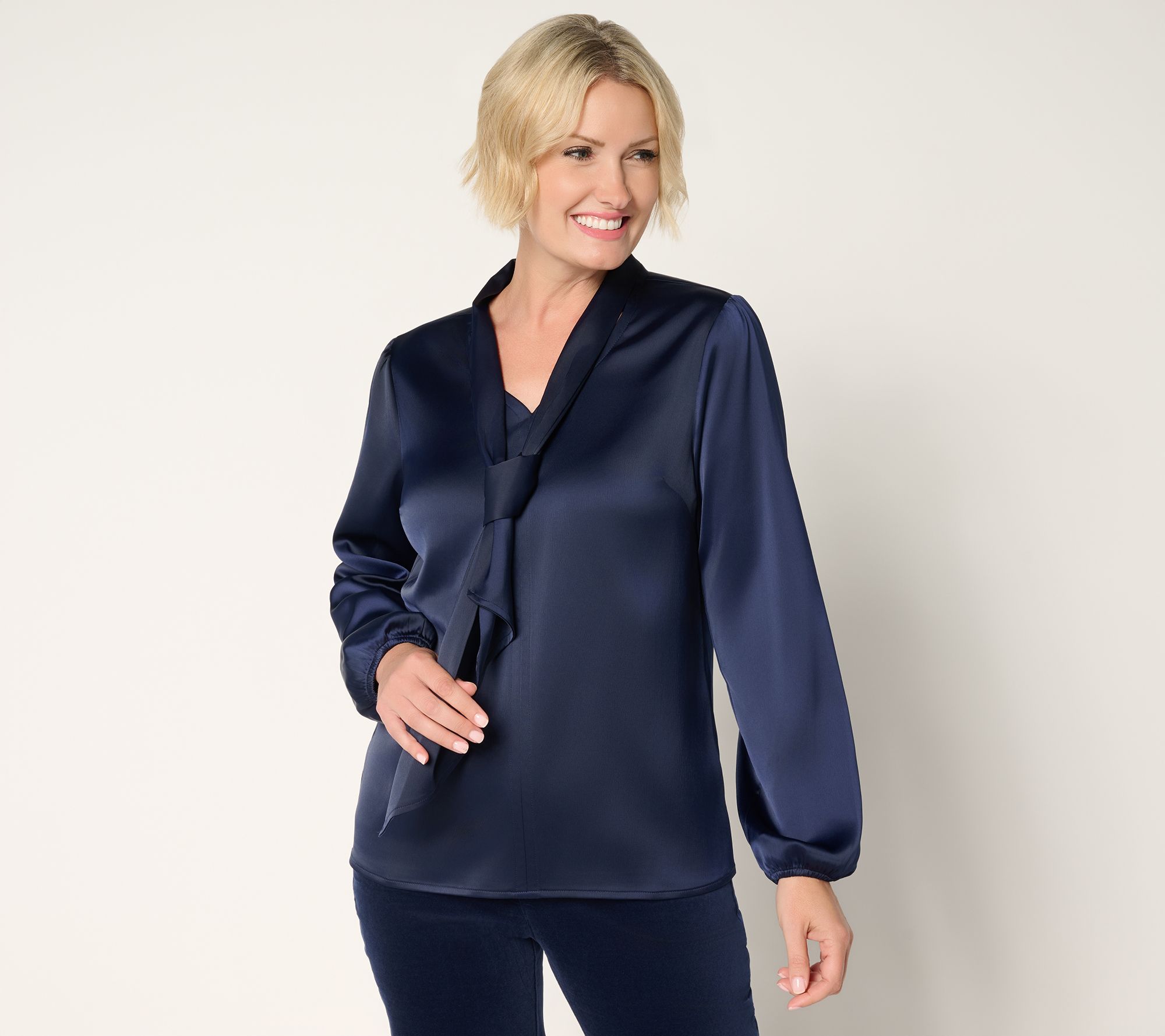 "As Is" Denim & Co. Long Sleeve Popover Blouse with Neck Detail