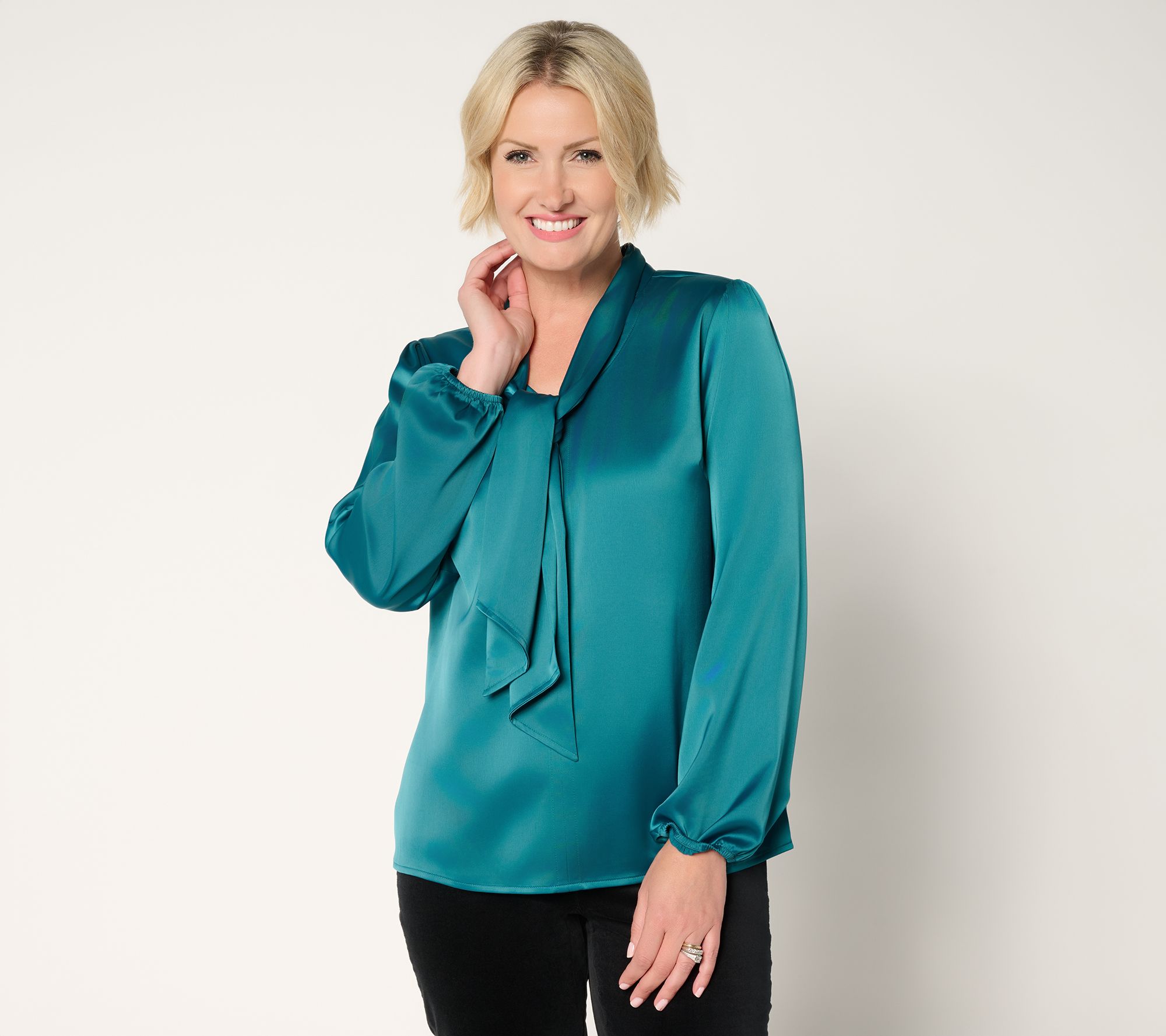 "As Is" Denim & Co. Long Sleeve Popover Blouse with Neck Detail