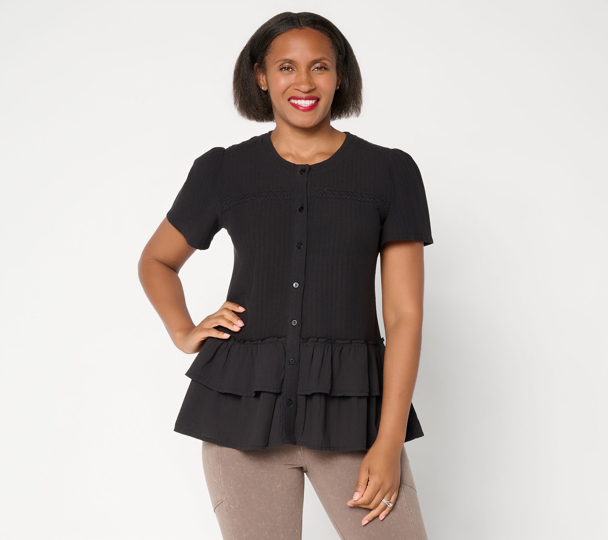 LOGO by Lori Goldstein 100% Cotton Button Front Mixed Media Top