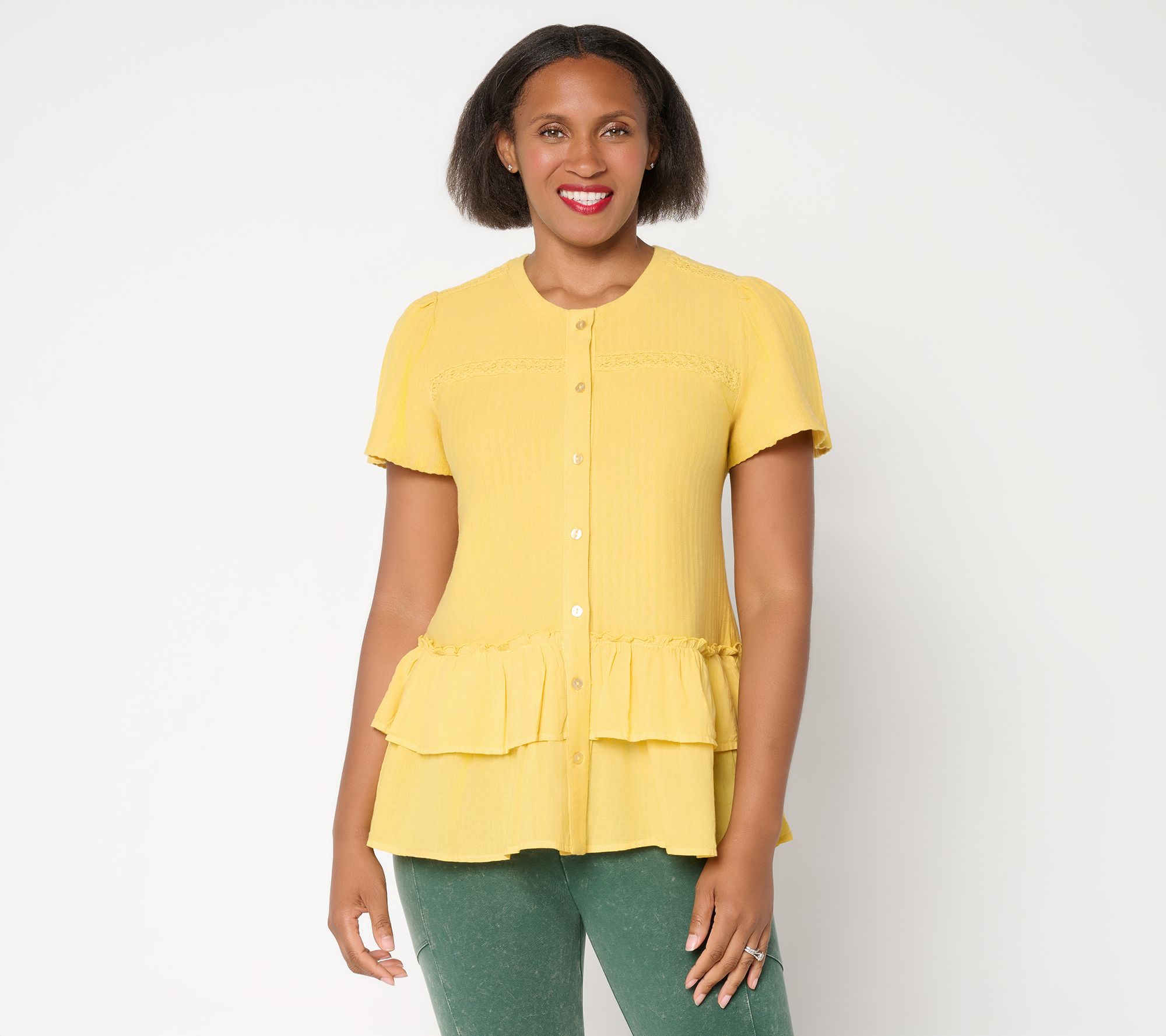 LOGO by Lori Goldstein 100% Cotton Button Front Mixed Media Top