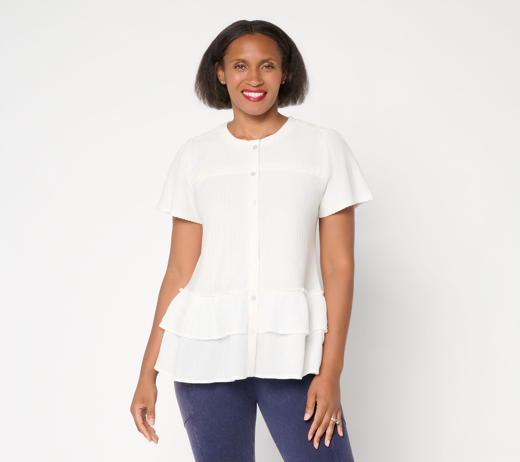 LOGO by Lori Goldstein 100% Cotton Button Front Mixed Media Top