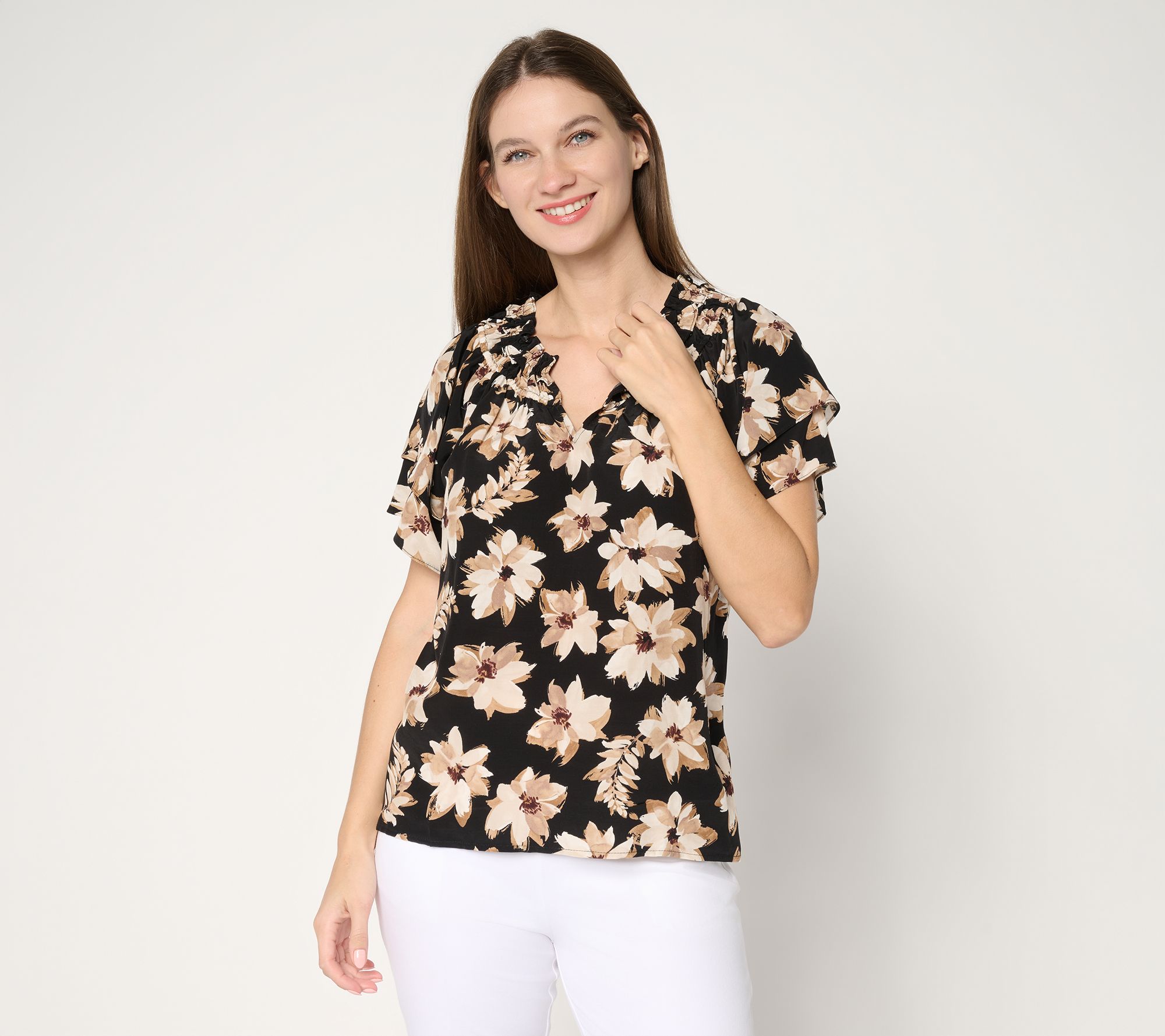 "As Is" Susan Graver Printed Rayon Woven RuffledNeckline Short Slv Top