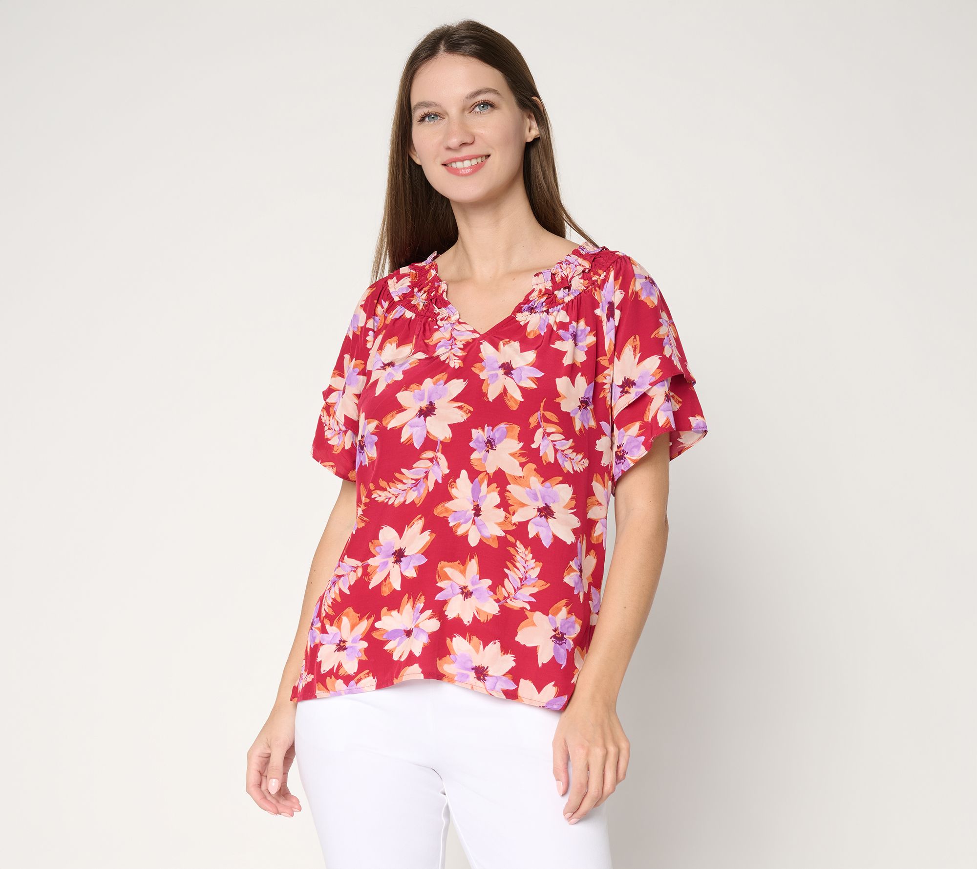 "As Is" Susan Graver Printed Rayon Woven RuffledNeckline Short Slv Top