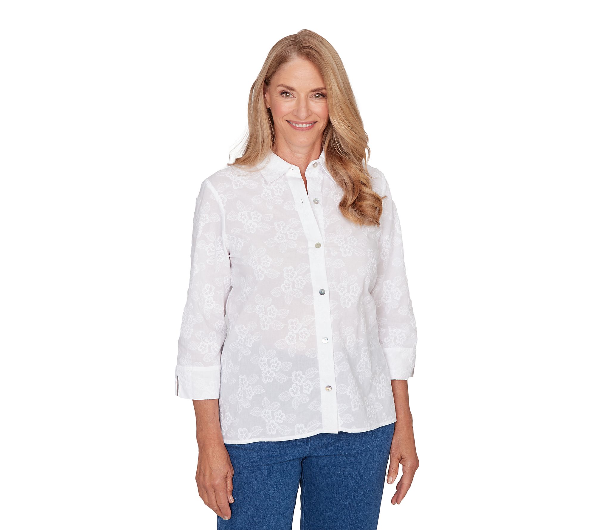 Alfred Dunner Petite Flower Embroidered ButtonDown Top