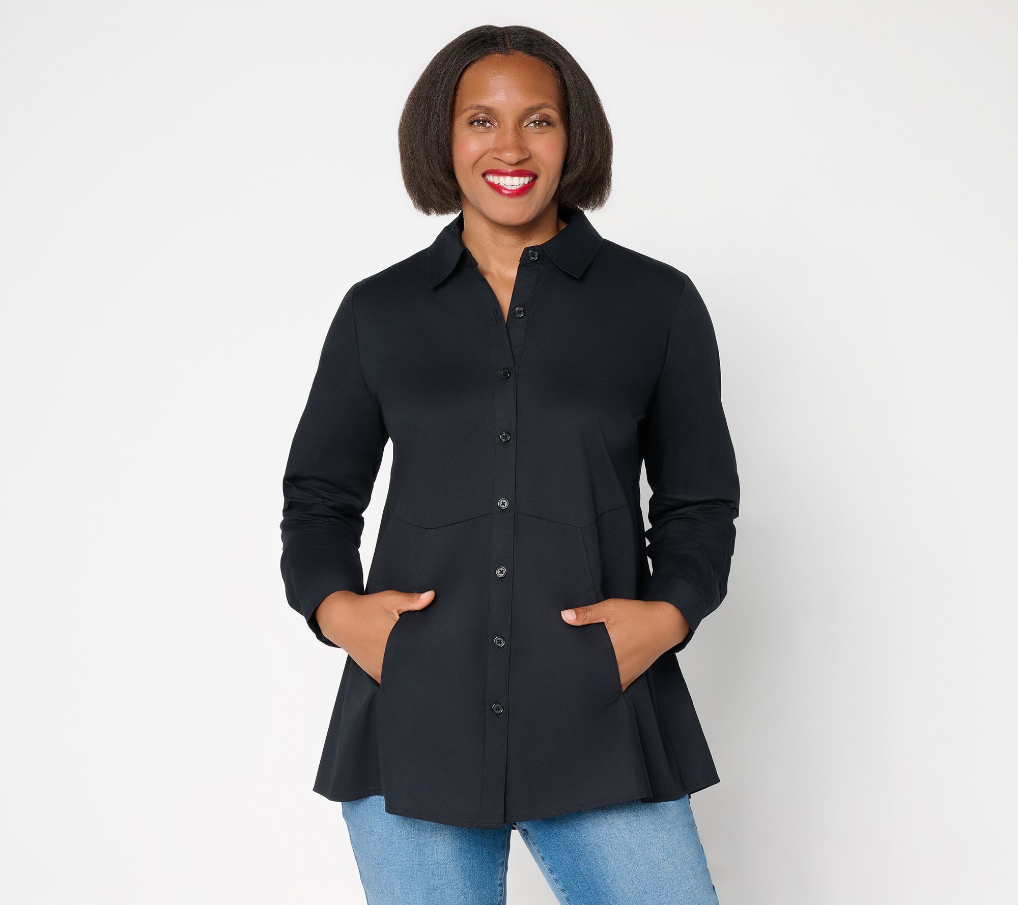 "As Is" Joan Rivers Regular Stretch Sateen Button Front Woven Top