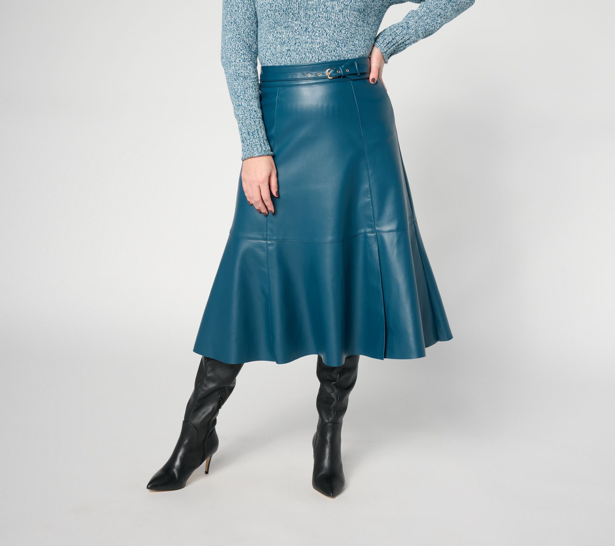 Off Duty Petite Faux Leather Belted Midi Skirt