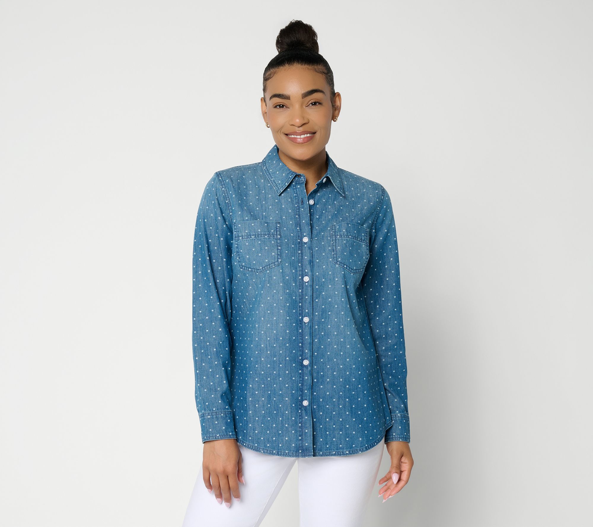 "As Is" Denim & Co. Petite Denim Button Front Big Shirt