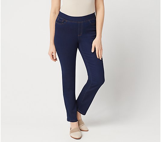 Denim & Co. Petite Soft Stretch Pull-On Full Length Slim Leg Jeans 
