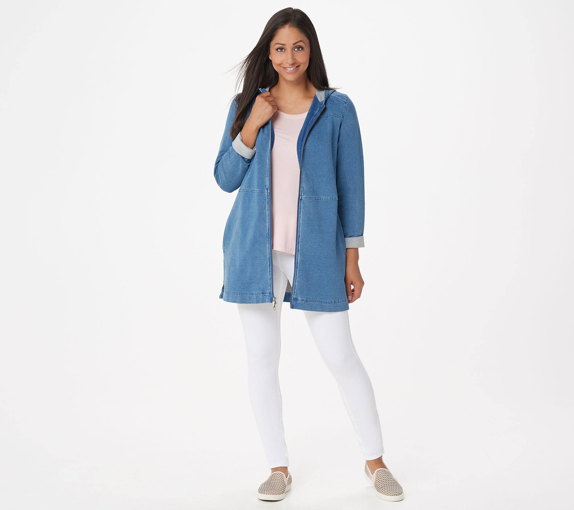 Denim & Co. Petite Comfy Knit Denim Zip Front Jacket