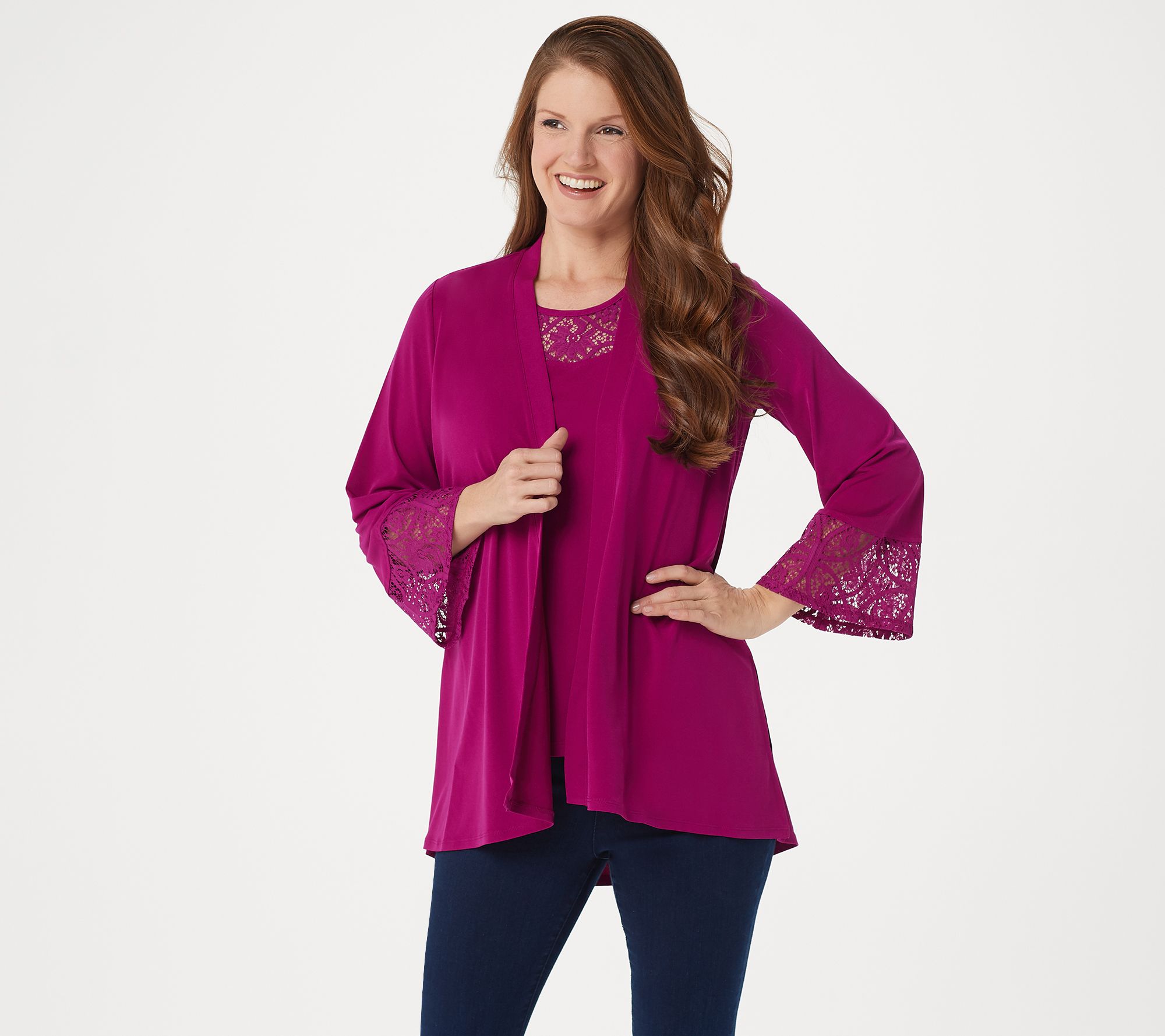 Susan Graver Liquid Knit Cardigan and Tank Set with Lace Trim