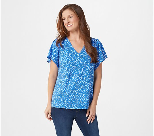 Belle by Kim Gravel Daisy Print Ruched Flutter- Sleeve Blouse