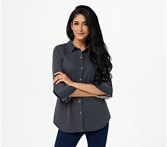 Belle by Kim Gravel Stretch Denim Blouse with Release Sleeve
