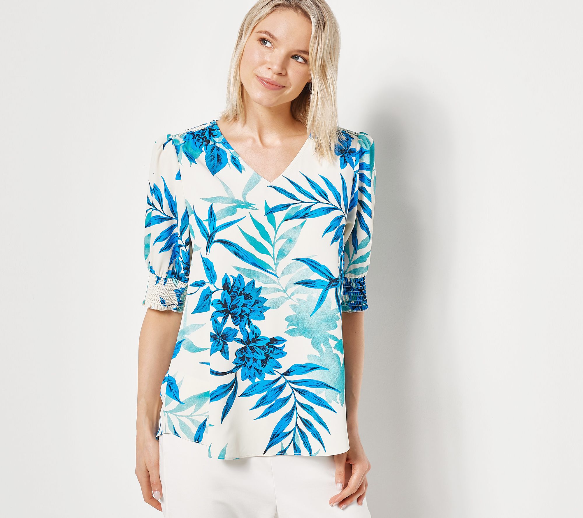 "As Is" Belle by Kim Gravel Safari Print Smocked Blouse