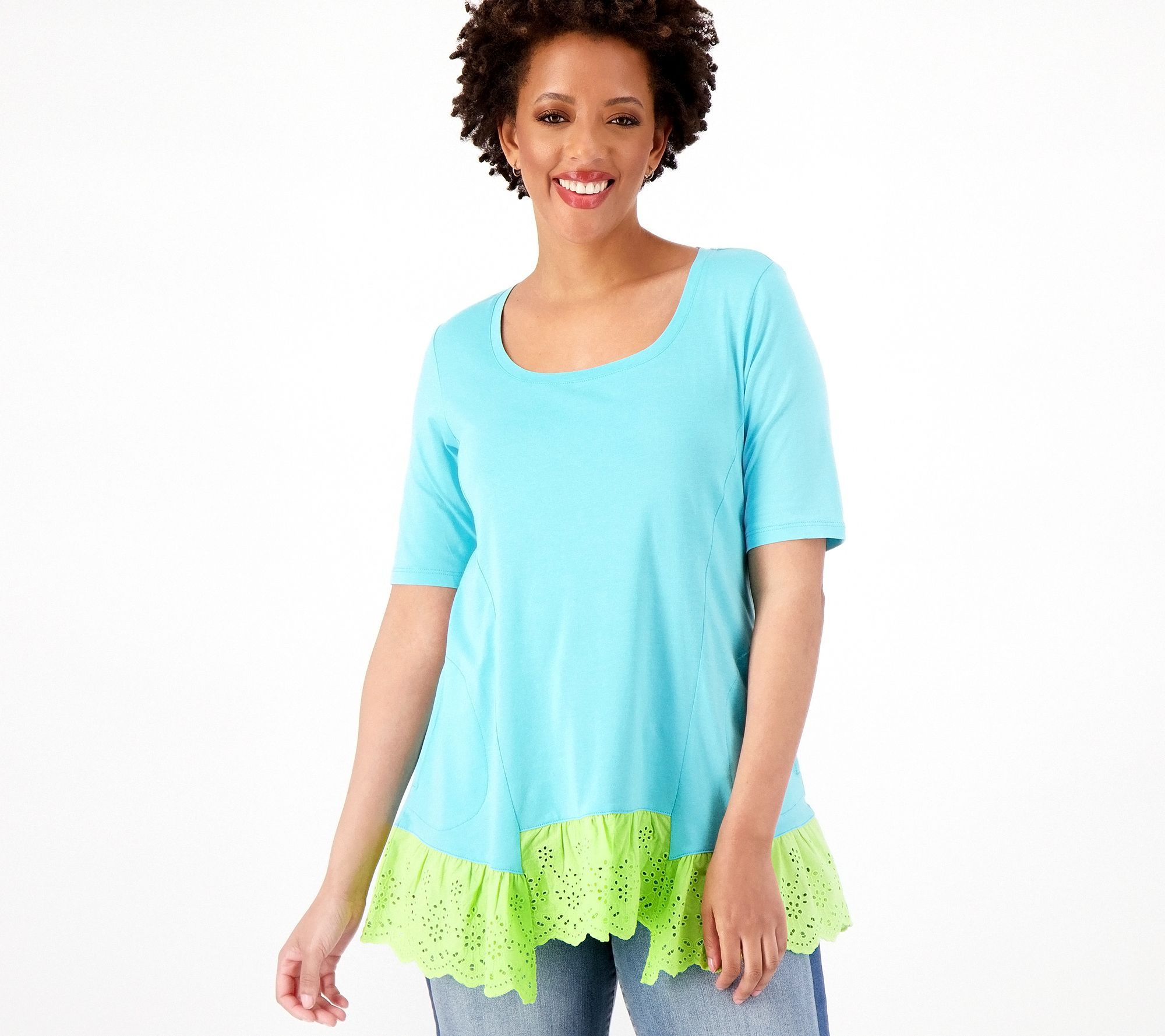 LOGO by Lori Goldstein Cotton Modal Elbow Sleeve Eyelet Hem Top