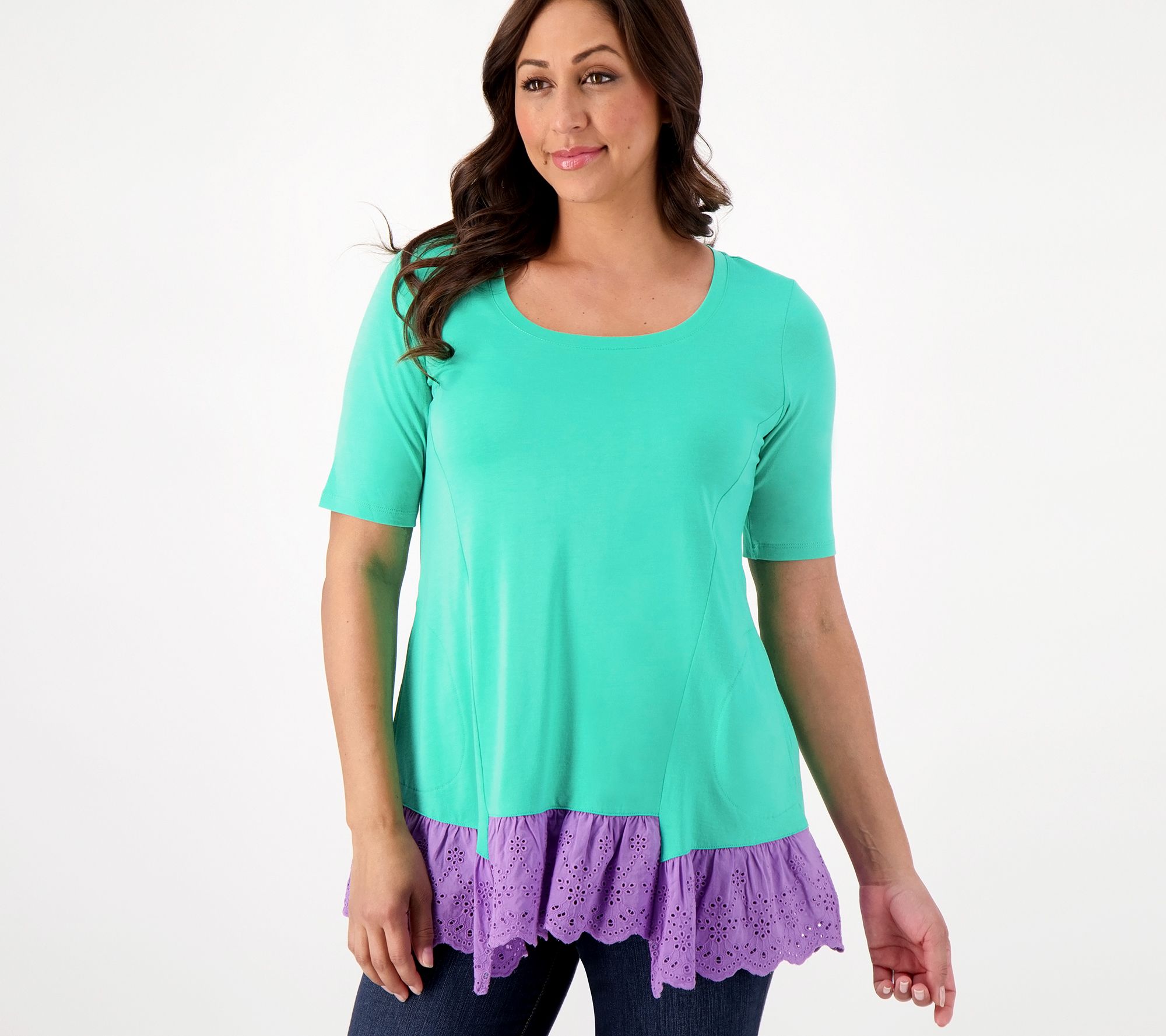 LOGO by Lori Goldstein Cotton Modal Elbow Sleeve Eyelet Hem Top