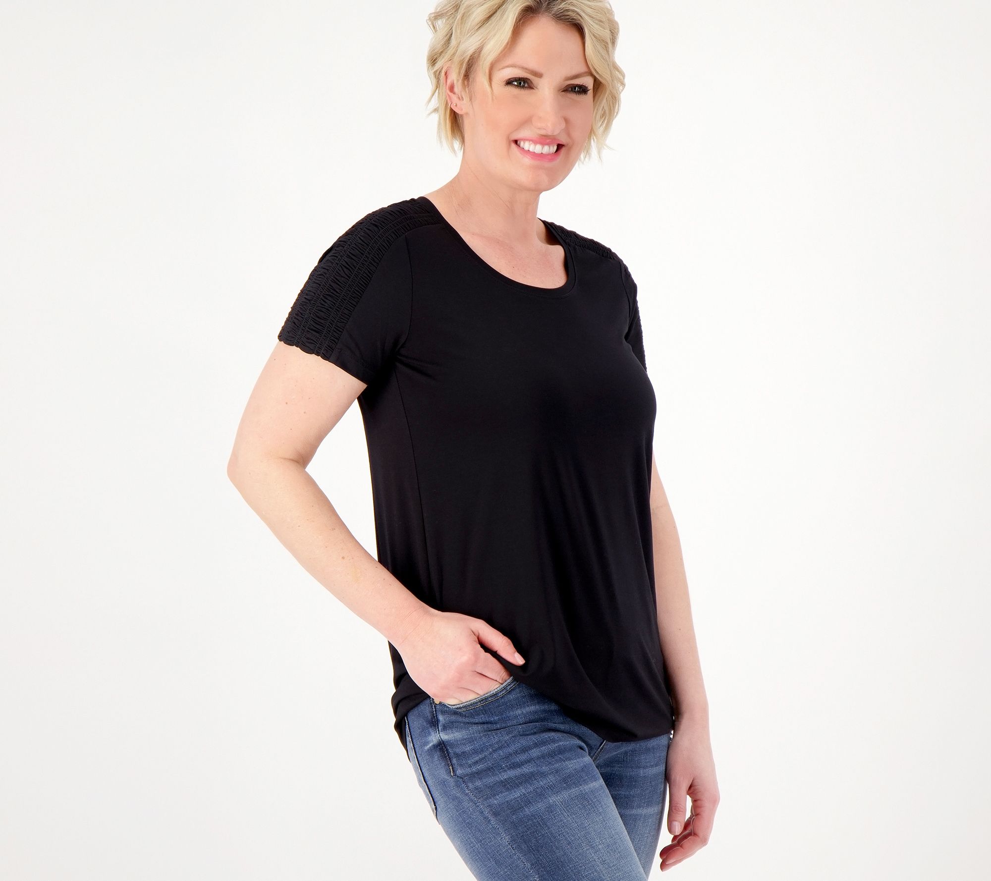 Susan Graver Weekend Cool Touch Raglan Ruched Cap-Sleeve Top